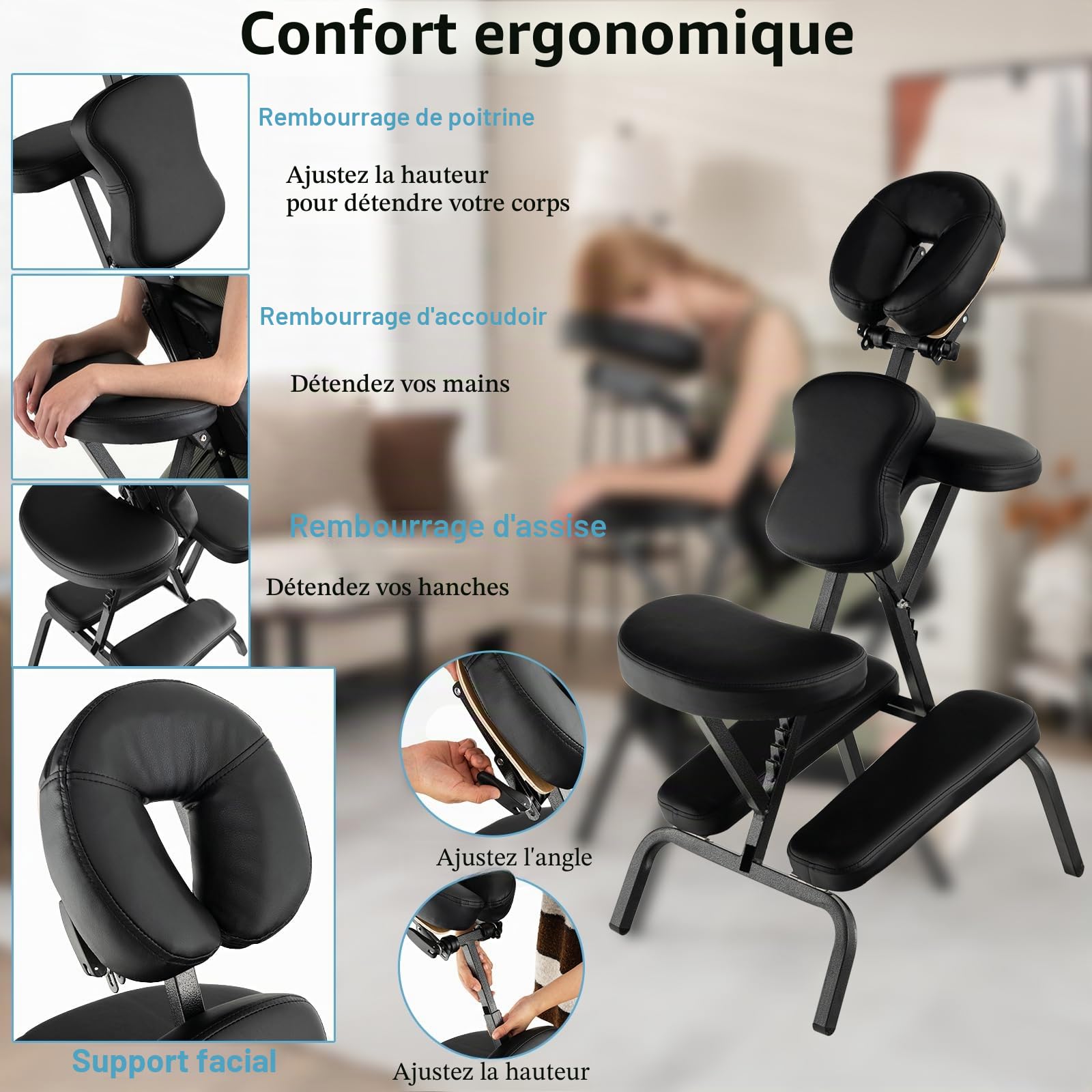 HOMASIS Fauteuil de Massage Pliable, Chaises de Massage Réglable en Hauteur 110-120cm, Fauteuil de Massage Portable avec Sac de Transport en Tissu Oxford, 55x48x120cm