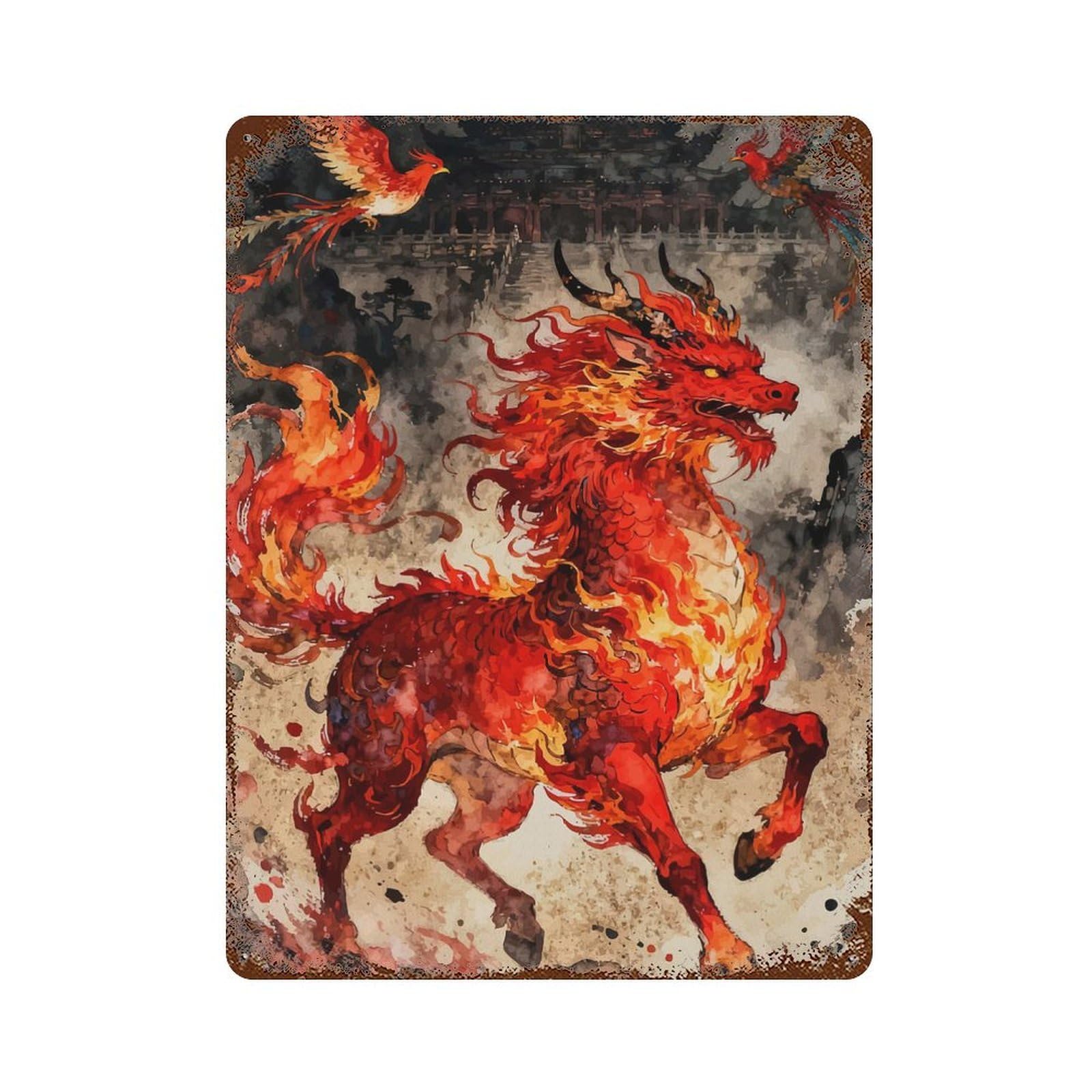 Qilin And Phoenixes Asian Landscape Retro Metal Sign 15.7"x11.8", Ideal for Shed, Workshop And Garage Wall Decor