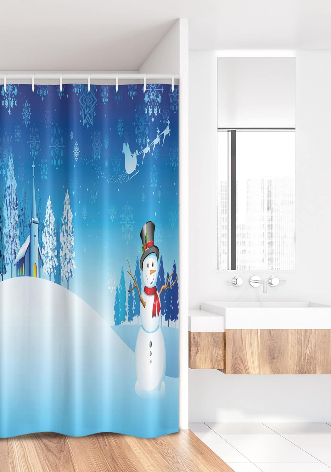 Ambesonne Christmas Stall Shower Curtain, Snowman on The Christmas Eve Santa's Sleigh in The Starry Sky Fantasy Artwork, Fabric Bathroom Decor Set with Hooks, 36" W x 72" L, Blue White