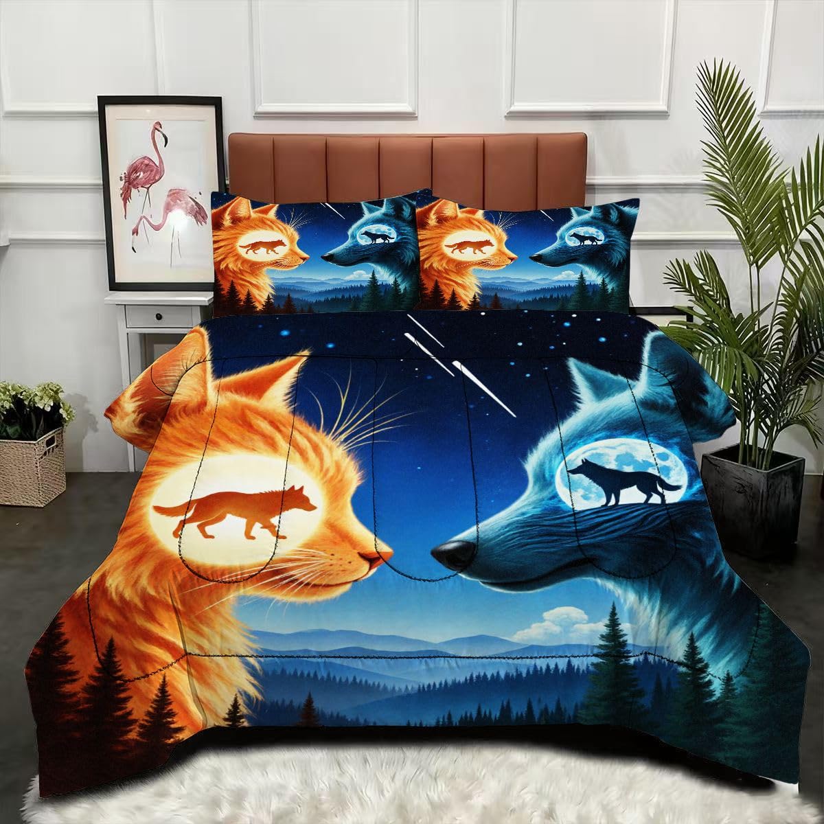 Couette 240x260 cm chat-loup avec 2 taies d'oreiller en microfibre pour lit deux personnes