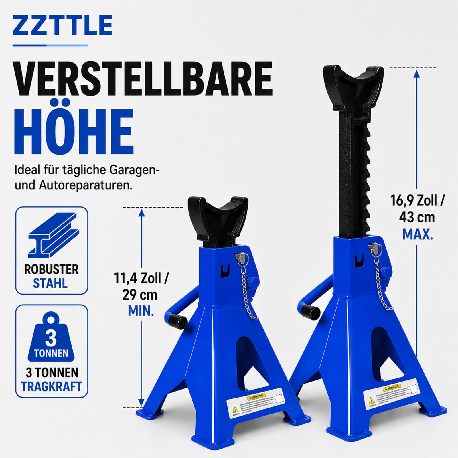 Lot de 2 chandelles avec goupille de sécurité et cric de voiture, capacité de charge de 3 tonnes, en fonte, béquilles de support pour voiture, 9 niveaux de hauteur, réglables en hauteur