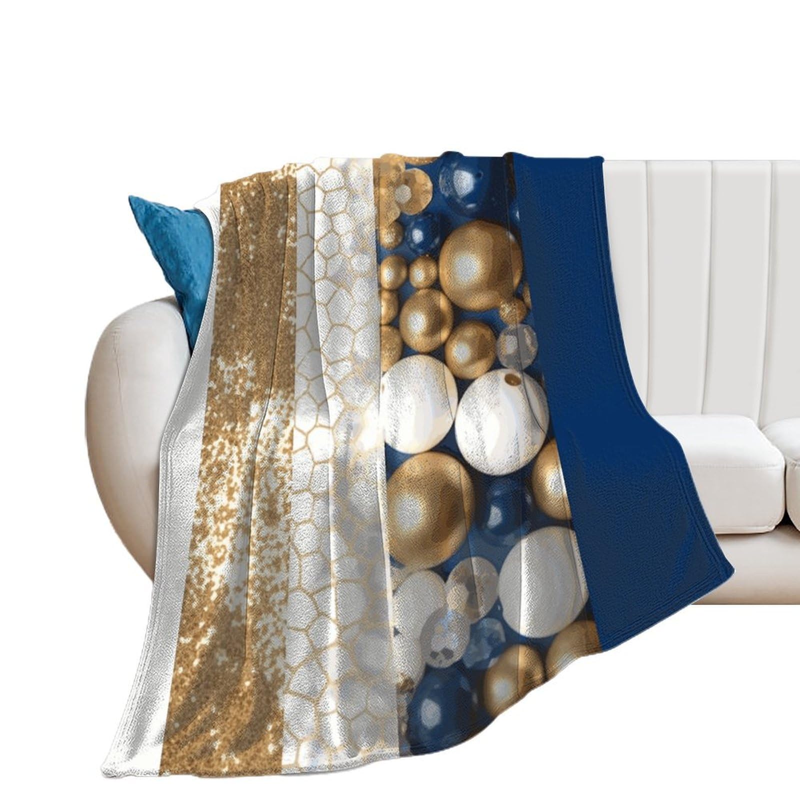 Couverture en flanelle chic bleu doré et blanc jeté de lit haut de gamme