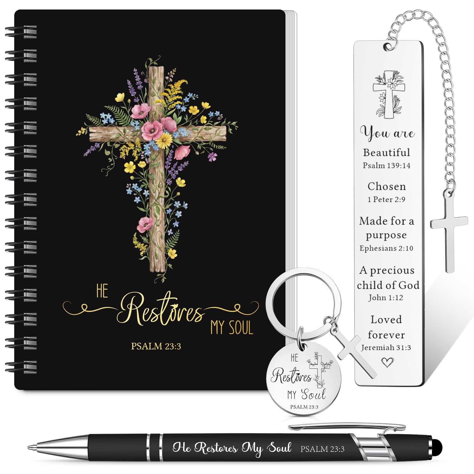 Hestya 4pcs Christian Gifts Including Portable Christian Spiral Notebook, Bible Keychain, Ballpoint Pen, Verse Bookmark Graduation Inspirational Religious Gifts for Teacher(He Restones My Souls)