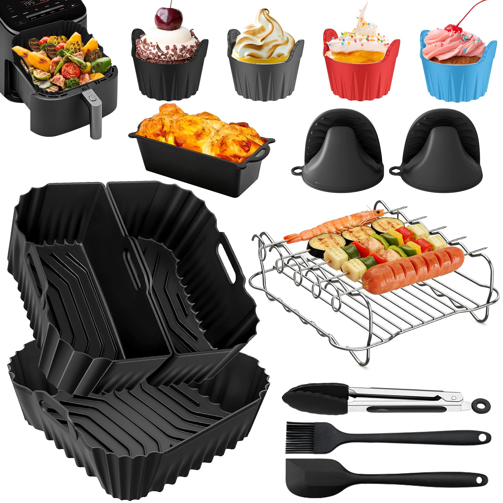 Molde Silicona Freidora de Aire para Cecotec 6L, Accesorios Air Fryer Set para Cosori Turboblaze 5.7L/6L/6.2L/6.4L, Reutilizable Airfryer Molde con parrilla, molde para tartas/pan