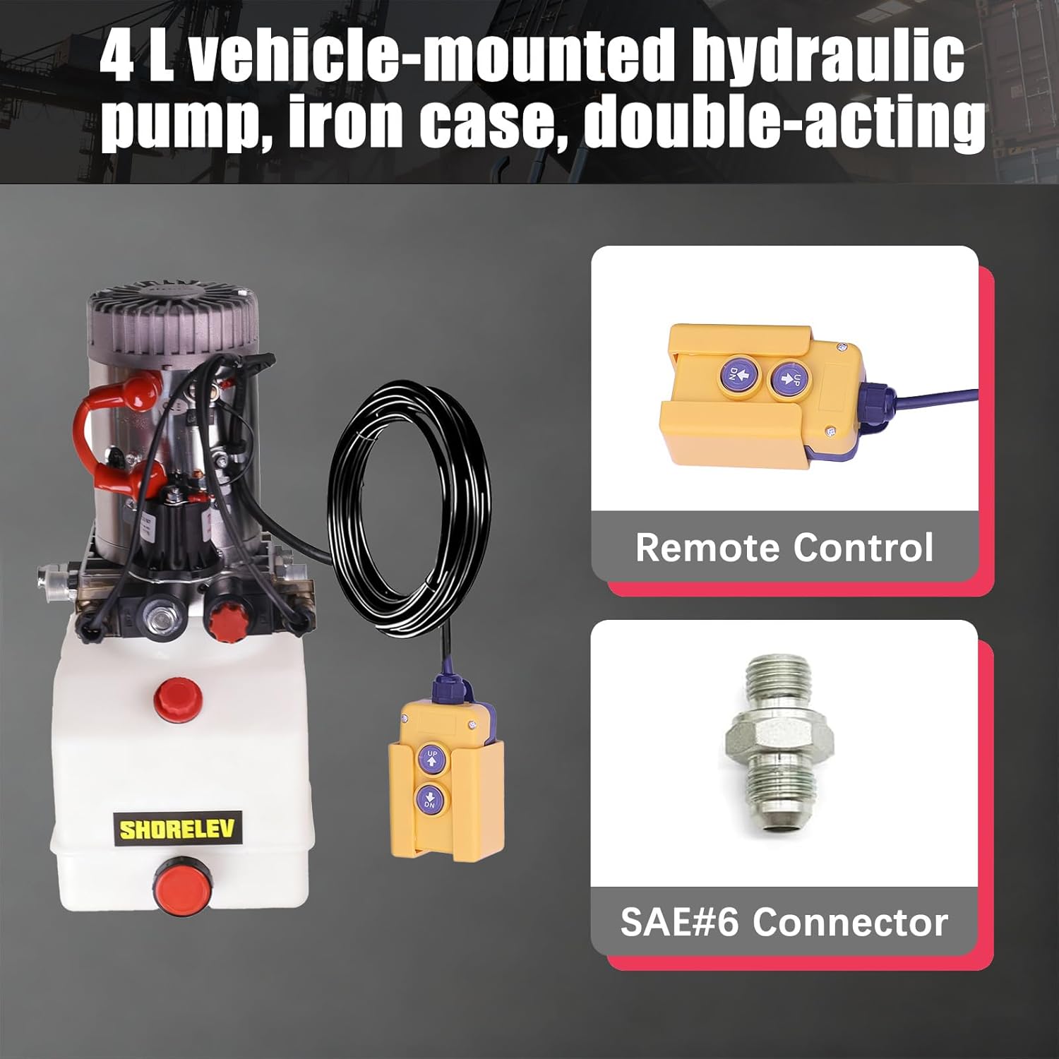 12V DC Double Acting Hydraulic Power Unit, 4L Plastic Reservoir, for Dump Trailers, Farm Equipment, Utility Trailers, and Marine Applications