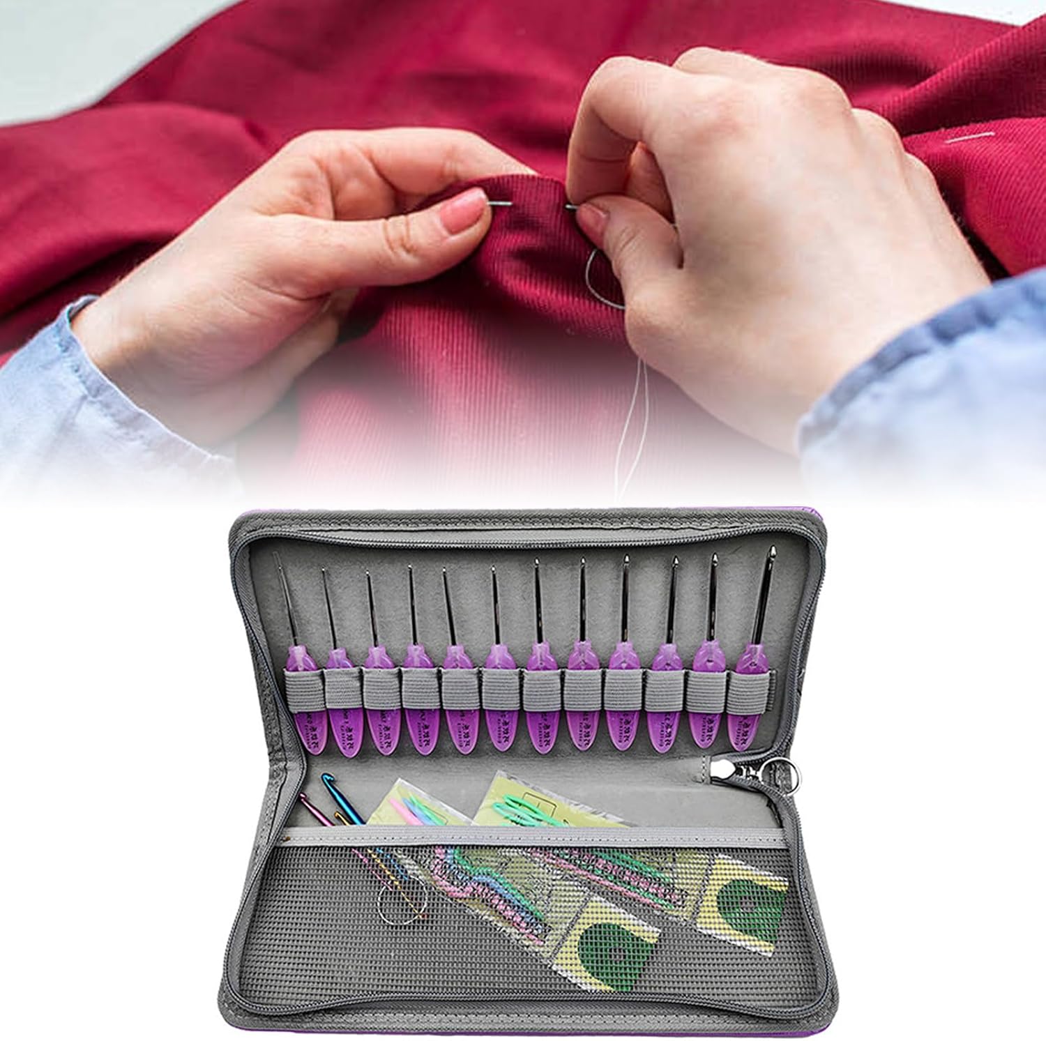 12pcs人間工学に基づいた樹脂ハンドルステンレス鋼かぎ針編みフック0.9mm-4.0mm大きなアイニードルとヤーン用のかぎ針編みの