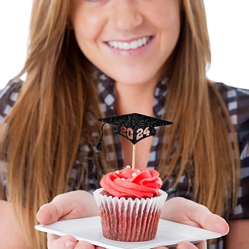 Miniatura 4 de 24 piezas 2024 decoraciones para cupcakes de graduación 2024 con purpurina para la clase de 2024, felicitaciones para cupcakes para fiesta temática