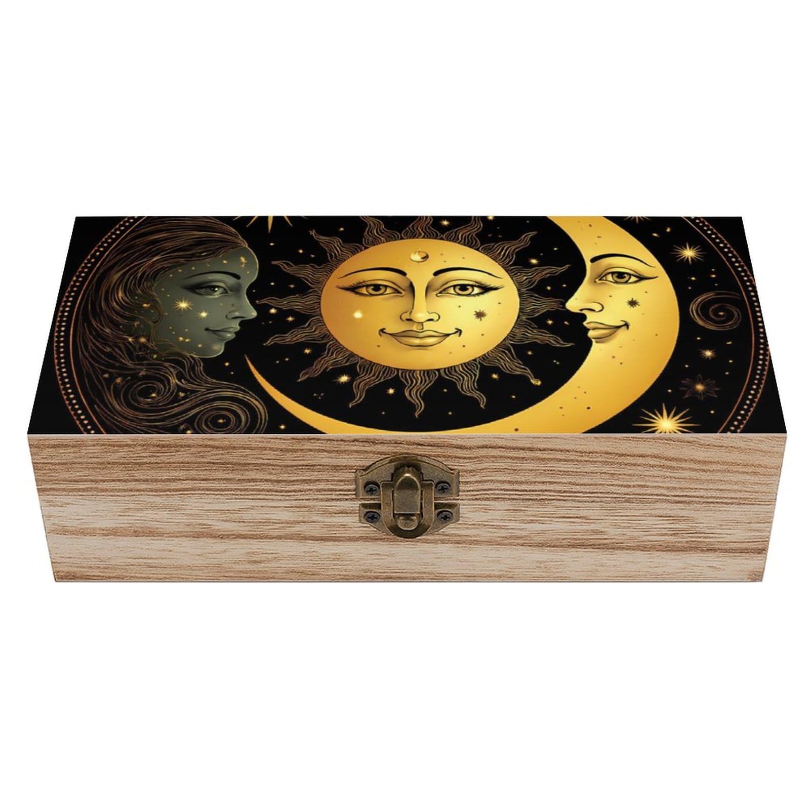 SMAZDFXX Sun Crescent Moon Stars Astrology Tarots Wooden Storage Box With Hinged Lid Decorative Front Clasp Keepsake Boxes
