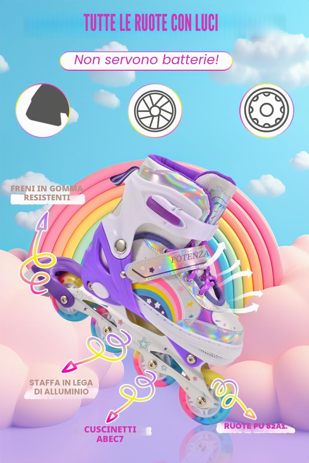 Pattini in linea regolabili per bambini ragazze ragazzi principianti, Pattini a rotelle per bambino e adolescente per lo sport Viola Arcobaleno
