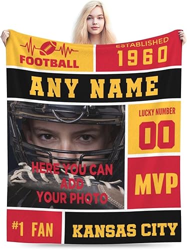 Manta personalizada de Kansas City con foto y número de nombre, manta de franela personalizada para fanáticos del fútbol, regalo conmemorativo para