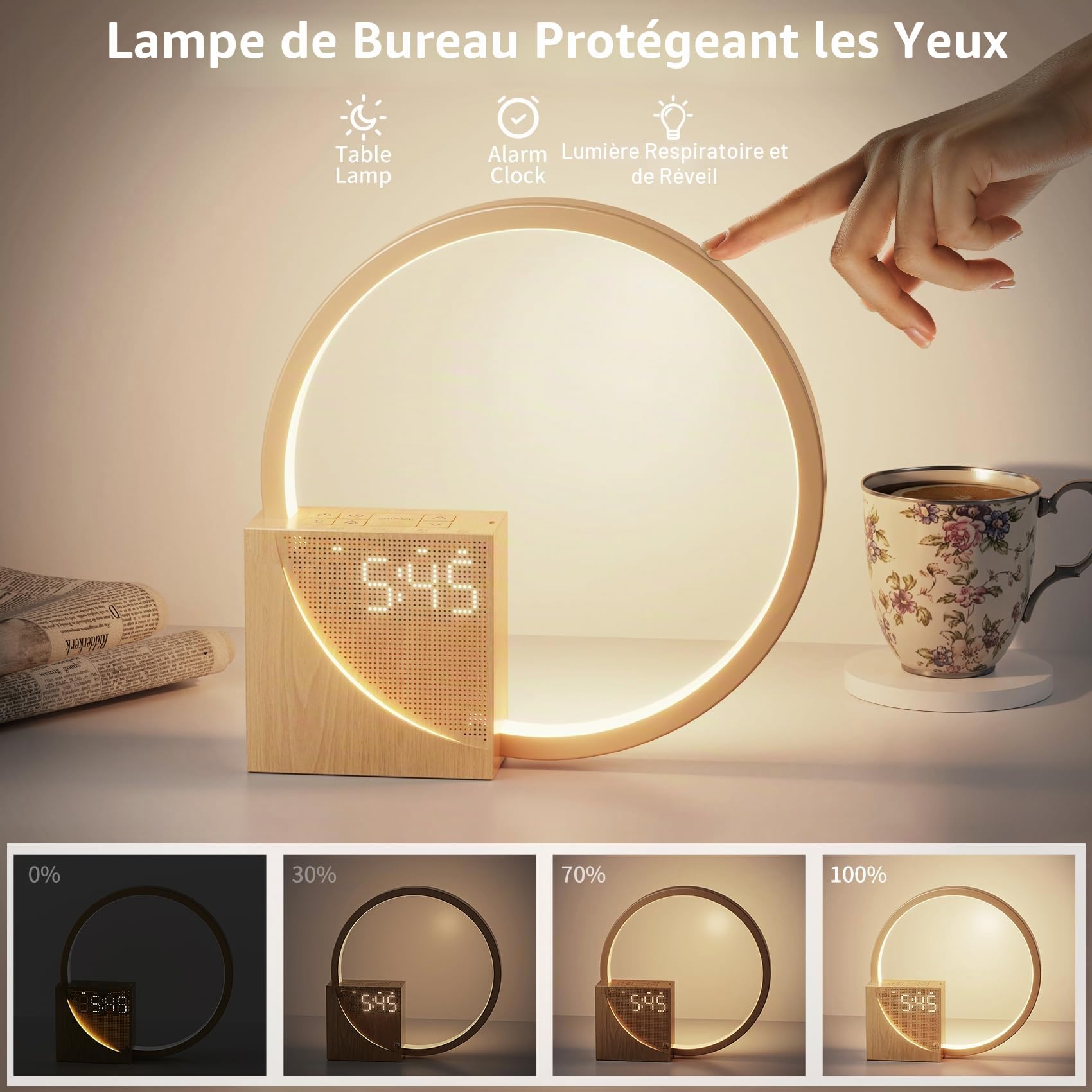Lampe de Chevet LED avec Réveil, Ports USB, Dimmable 3 Modes, 10 Sons Naturels pour Chambre Bureau