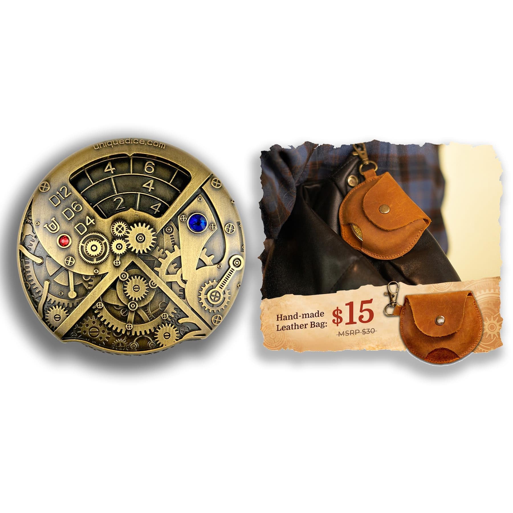 Kości do ruletki z uniquedice.com 7 w 1 DND zestaw kości TRPG RPG Steampunk tematyczne gry stołowe (Złom metal + ręcznie robiona skórzana torba)