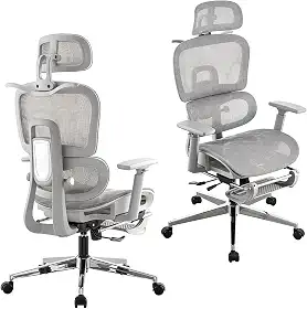 Cadeira de Escritório, Design Ergonômico com Suporte Lombar Independente, Malha Respirável, Encosto de Cabeça Ajustável e Encosto do Assento com Altura Regulável (Cinza)