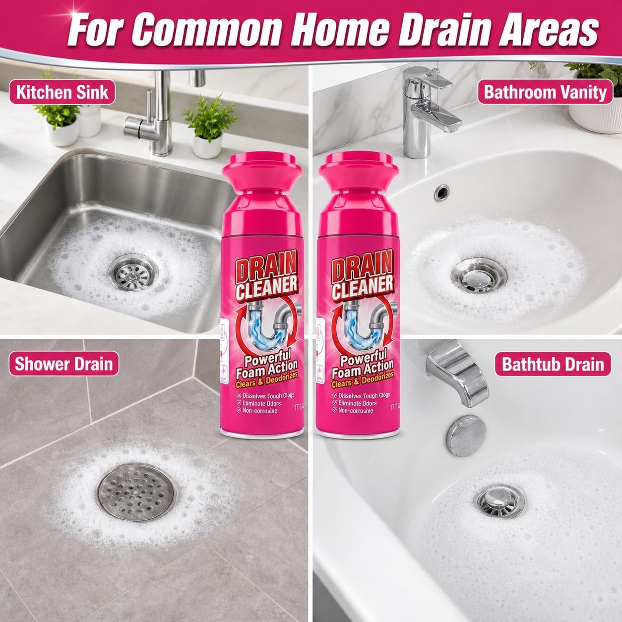 Foaming Drain Cleaner, Sink Cleaner and Deodorizer, Powerful Eliminates Odors, Removes Hair and Grease, Safe Fast Pipe Clog Remover for Kitchen Sinks, Shower Drains, Bathroom Tubs, Toilet (2Pcs)