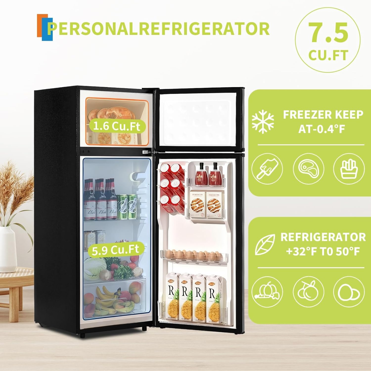 7.5 Cu.Ft Refrigerator with Freezer,Double Doors Refrigerator with 7 Adjustable Temperature Settings,Large Capacity,for Apartment,Bedroom,Dorm and Office