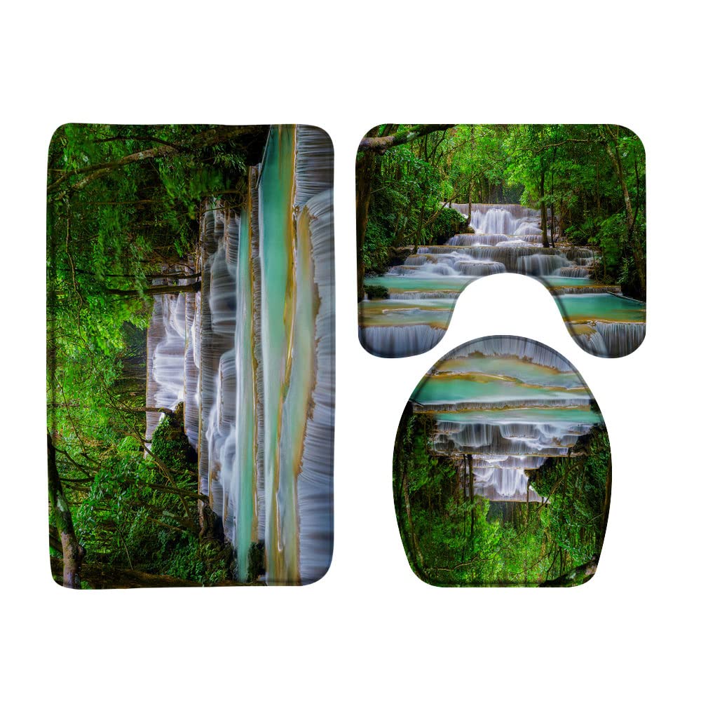 Waterfall 3 Pcs Bath Rugs Set,Green Forest Tropical Jungle Tree Plant Lake Mossy Rocks Spring Summer Nature Landscape Bathroom Kitchen Rug with 16