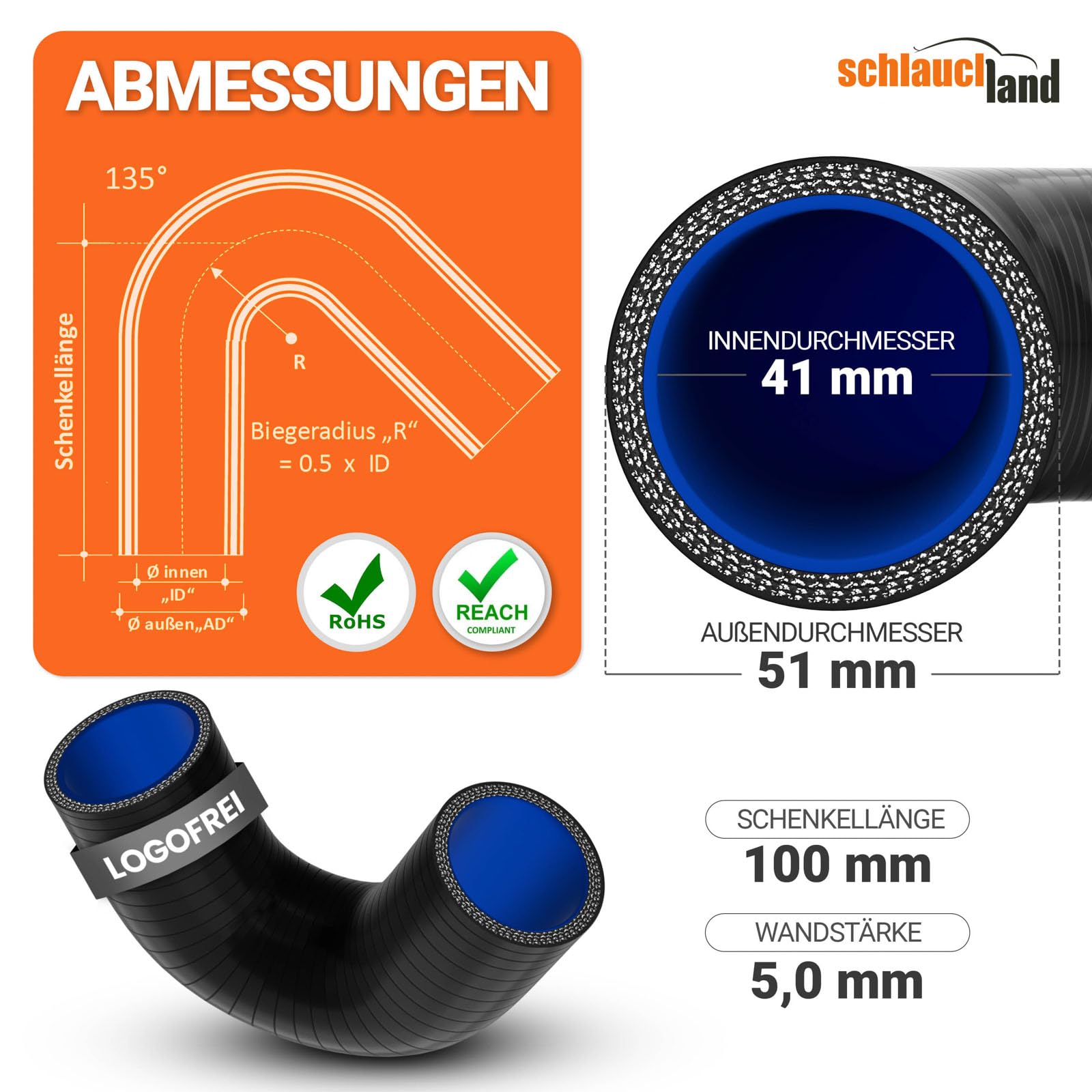 Silikonbogen 135° ID-Ø 41mm schwarz 200°C Silikon-Schlauch Ladeluft LLK Kühler Schlauch-bogen Turbo Kühlmittel Kühlwasser Ansaug Gummi flexibel Rohr