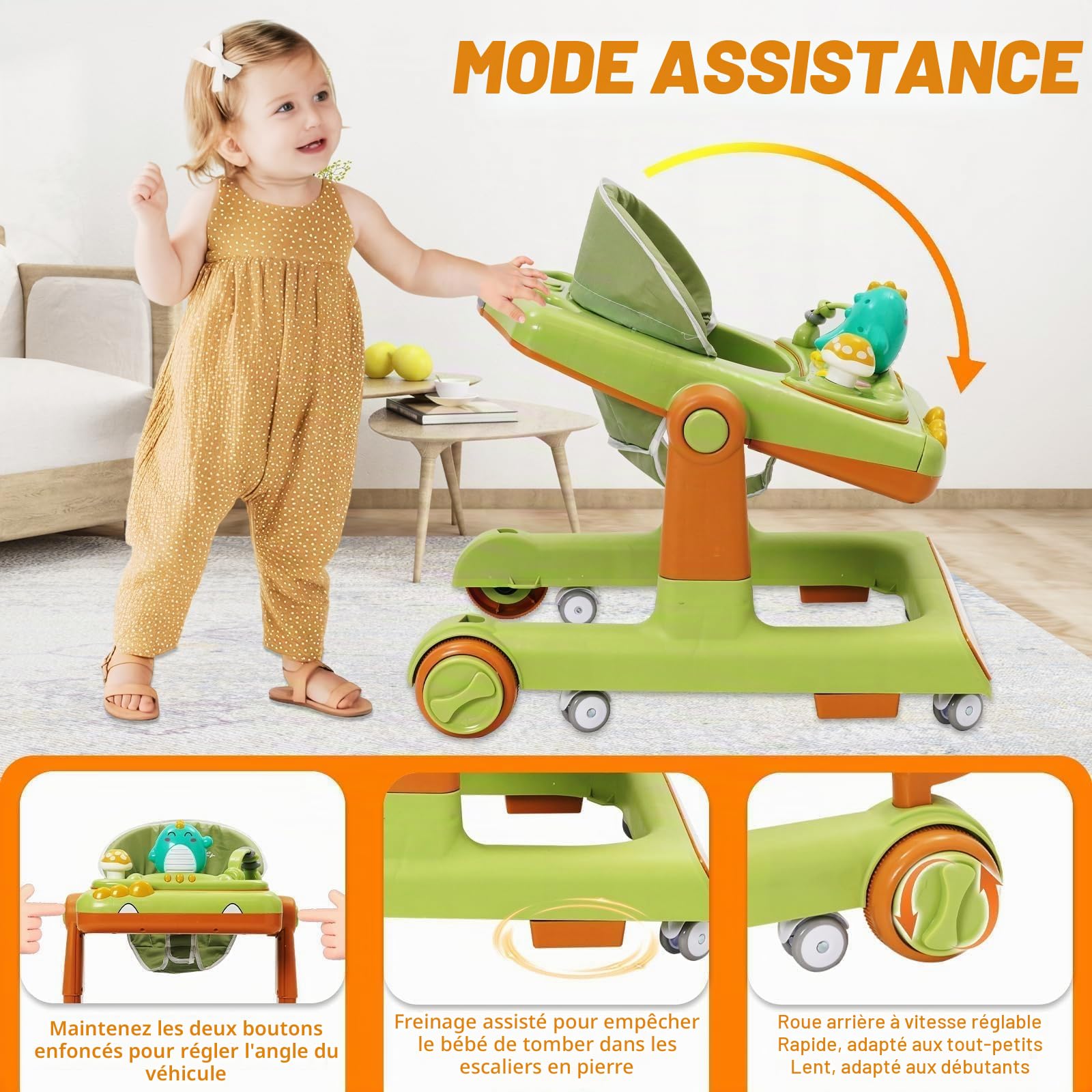 Trotteur pour Bébé Dinosaure Avec Jouets Musicaux,Repose-pieds,Hauteur Réglable,6 Roues Silencieuses À 360°,Avec Aide Au Freinage,Trotteur Adapté Aux Bébés À Partir De 0+