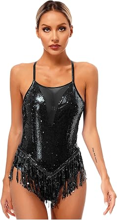 Women Sexy Sparkling Sequins Fringed Dance Leotard Cross Back Jazz Latin Dance Competition Costume