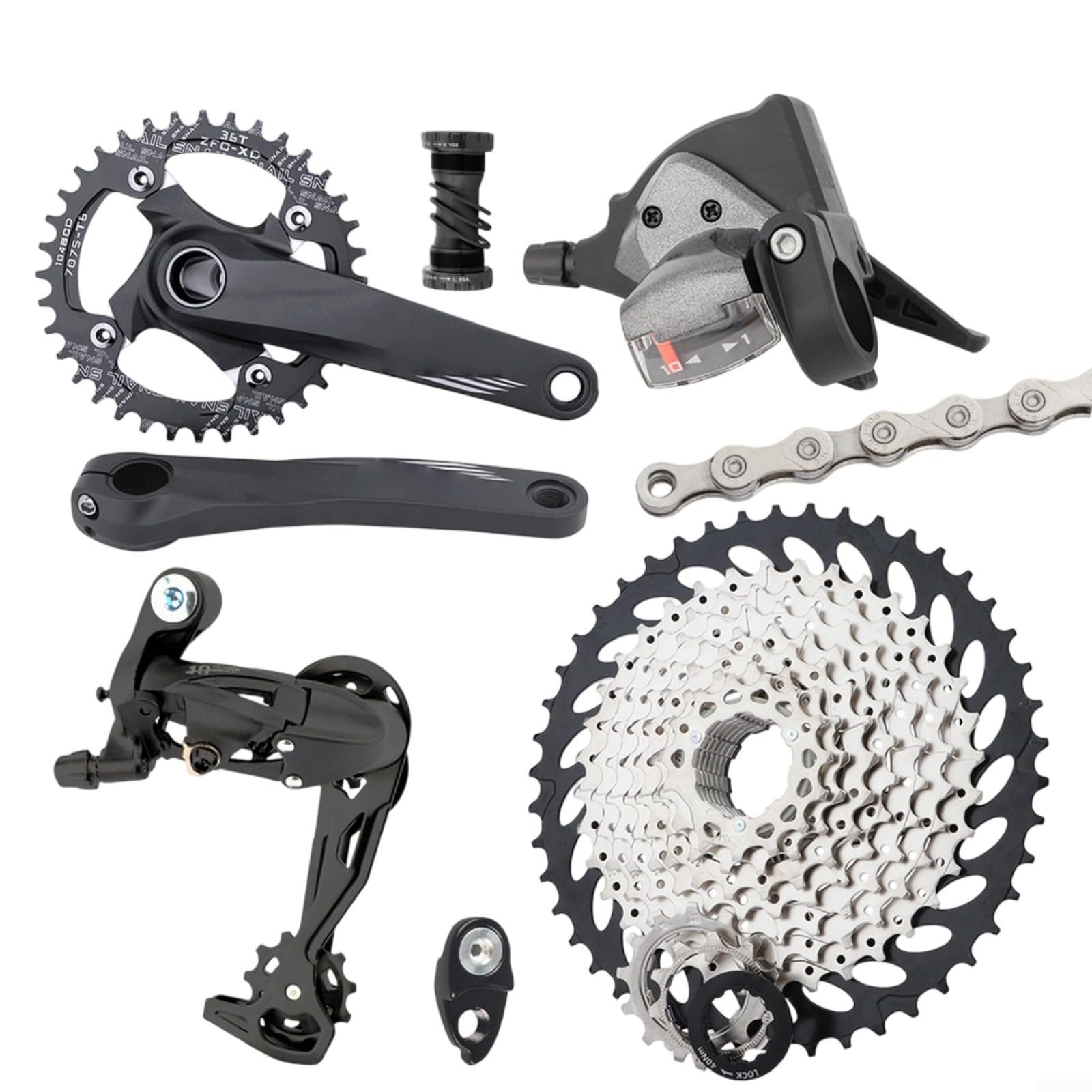 RichVibe Grupo MTB de 10 velocidades que incluye bielas huecas 36T, cadena 42T, palanca de cambios de cadena y desviador trasero para uso en senderos y carreteras