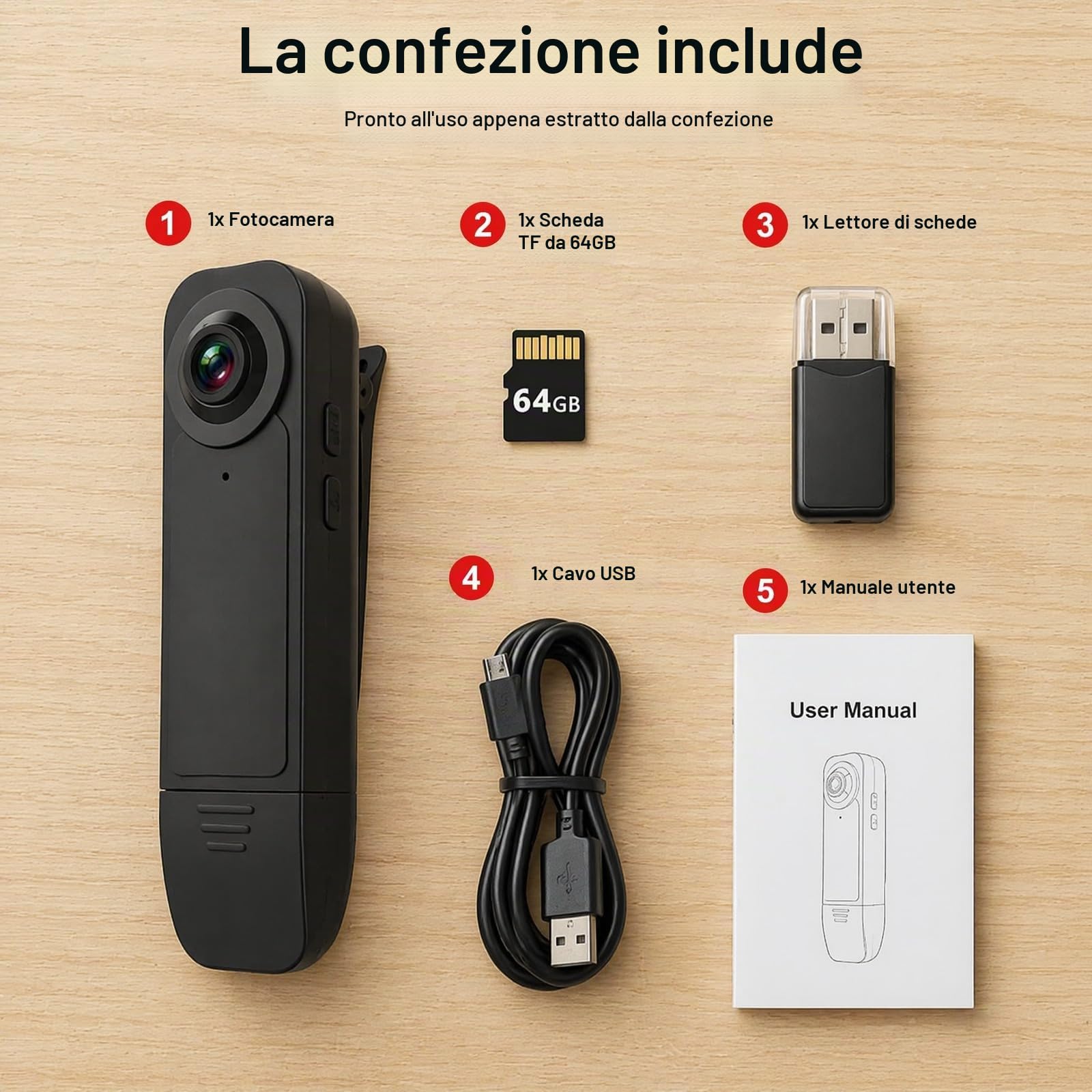 Mini Videocamera Corporea HD 1080P con Audio Visione Notturna Sicurezza | 64GB inclusa, registrazione a ciclo continuo, batteria 1000mAh 6h, clip universale, senza configurazione, per vigilanza