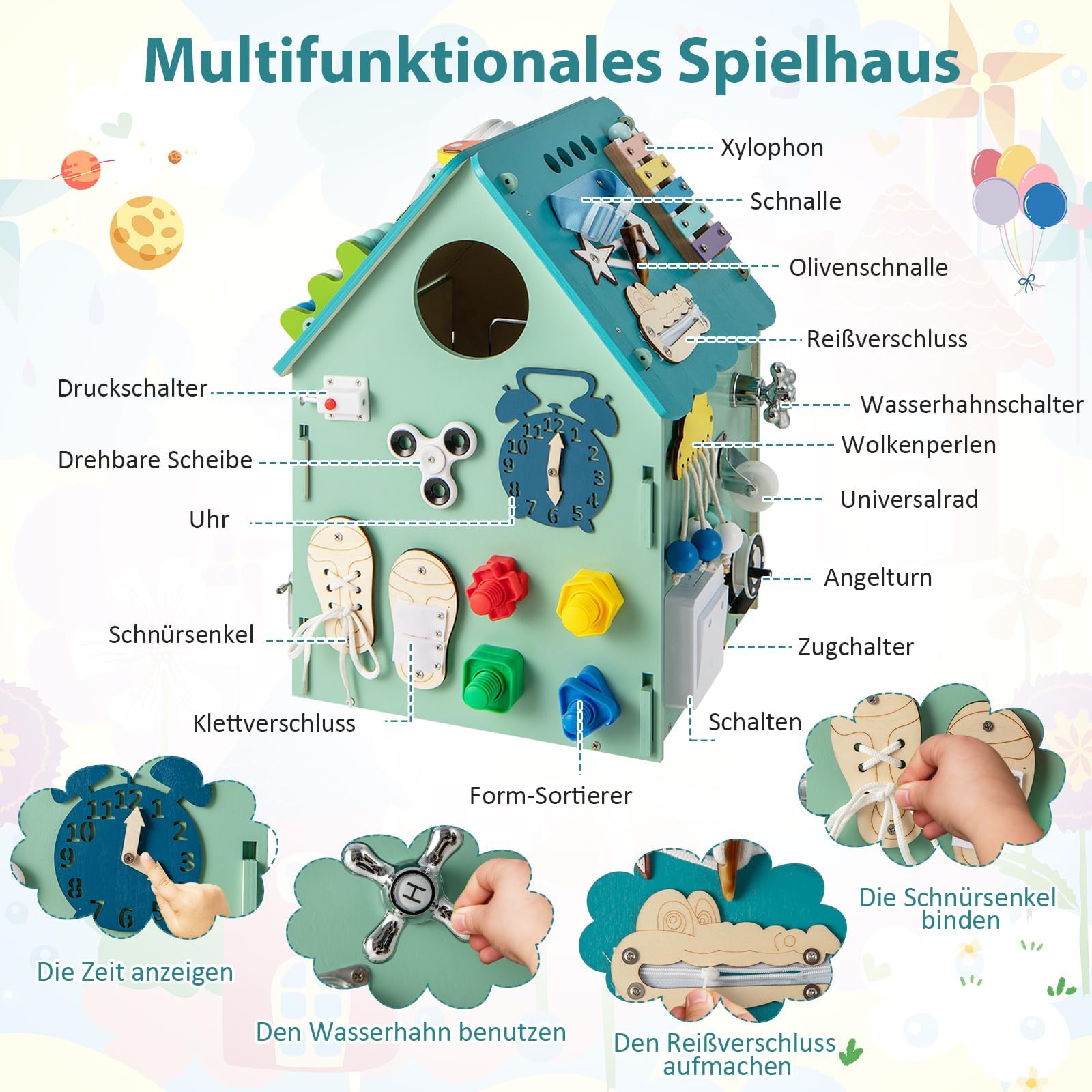FANTASK Domek do zabawy dla dzieci z drewna, edukacyjny domek z zabawkami i miejscem do przechowywania, sensoryczna zabawka edukacyjna Montessori do motoryki precyzyjnej, kostka do aktywności dla