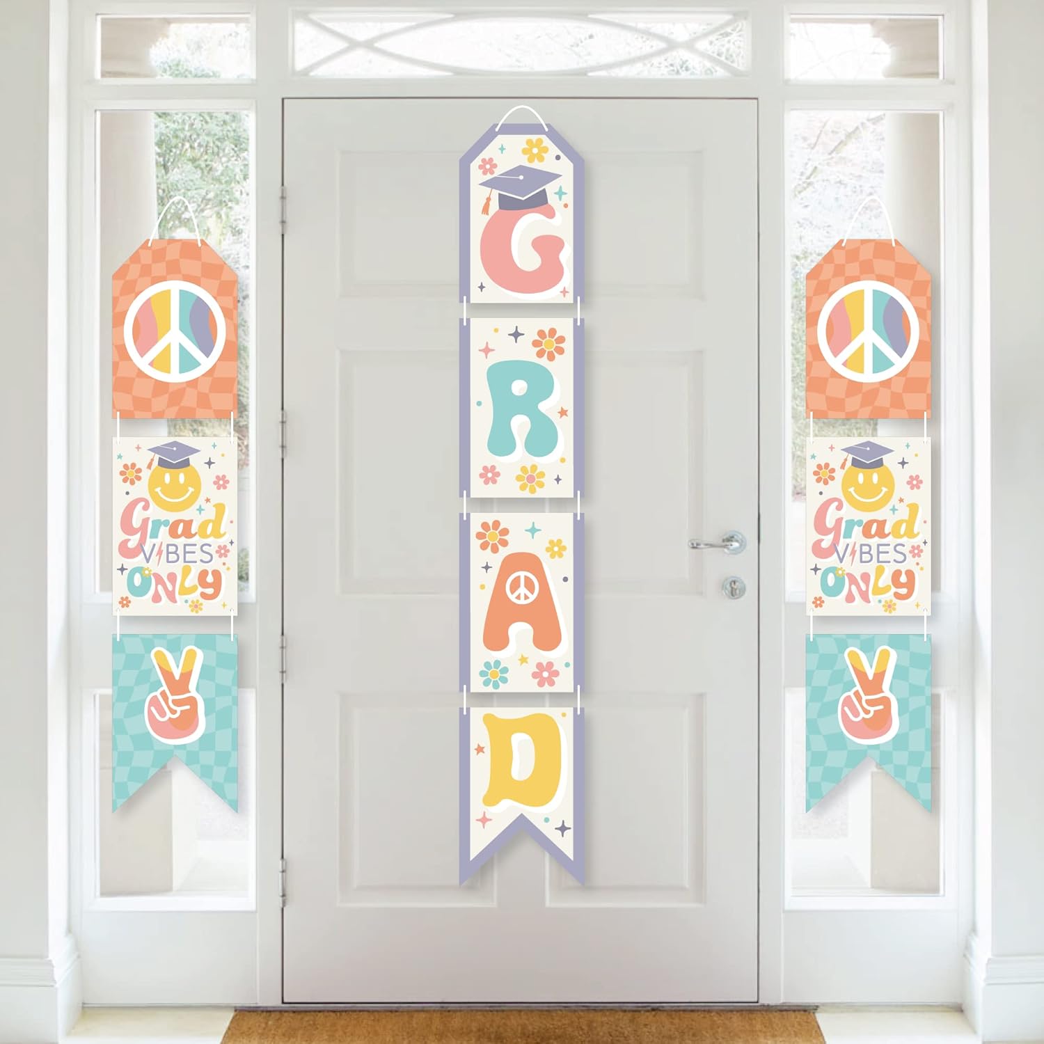 Big Dot of Happiness Groovy Grad - Hanging Vertical Paper Door Banners - Hippie Graduation Party Wall Decoration Kit - Indoor Door Decor