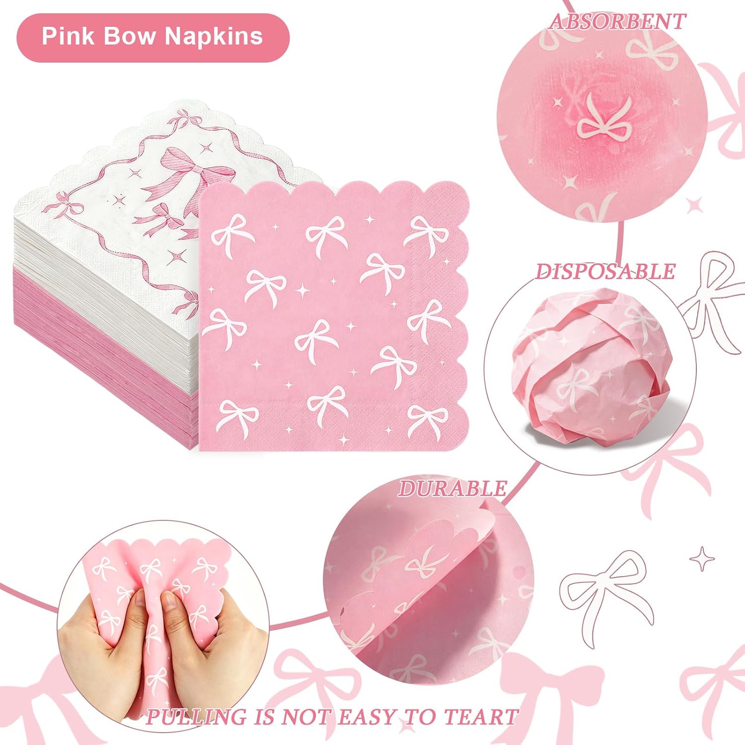 50 Pack Baby Shower Pink Bow Napkins Bulk, 2 Style Coquette Bow Disposable Soft Paper Napkins with Scalloped Edge, Bow Party Supplies for Bridal Shower Tea Birthday Party Table Decor image 3