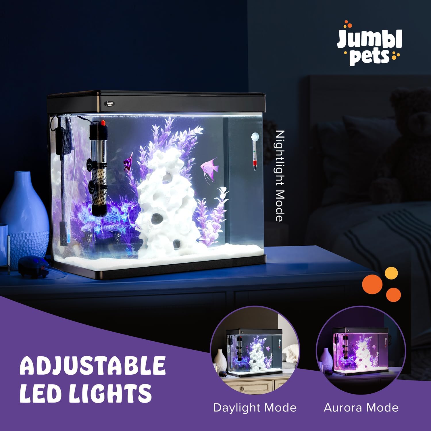 JumblPets Premium Fish Aquarium Kit, Complete Glass Fish Tanks Set with LED, Filtration System & Set, Hood & Lid, Bubbler Kit, Heater, Thermometer & Net, Ideal for Freshwater/Marine Fish, 7 Gallon