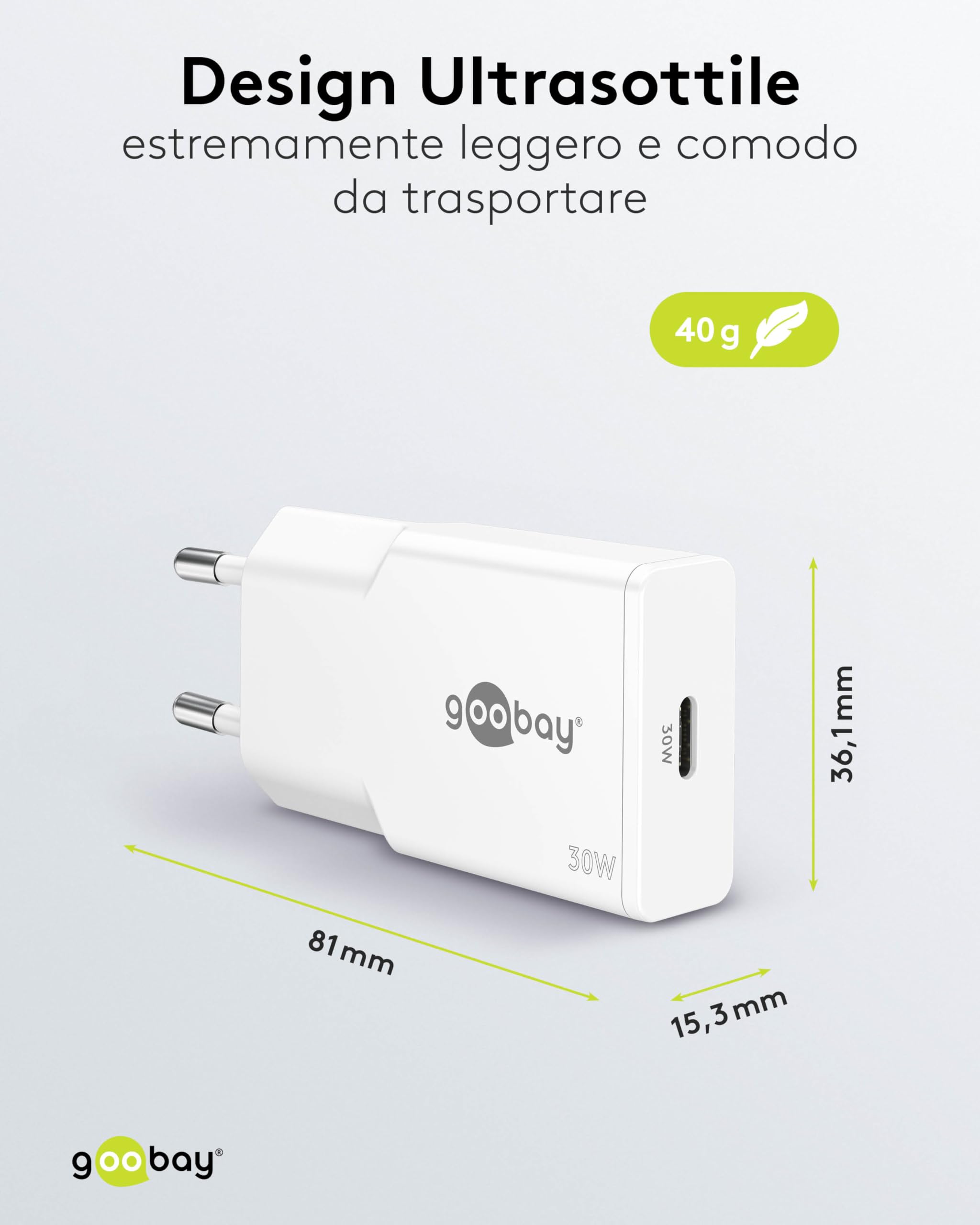goobay Caricatore USB C GaN da 30W, adattatore di alimentazione super sottile con Power Delivery, per MacBook Air, iPhone, Samsung Galaxy, iPad Pro, Pixel - bianco - 75736