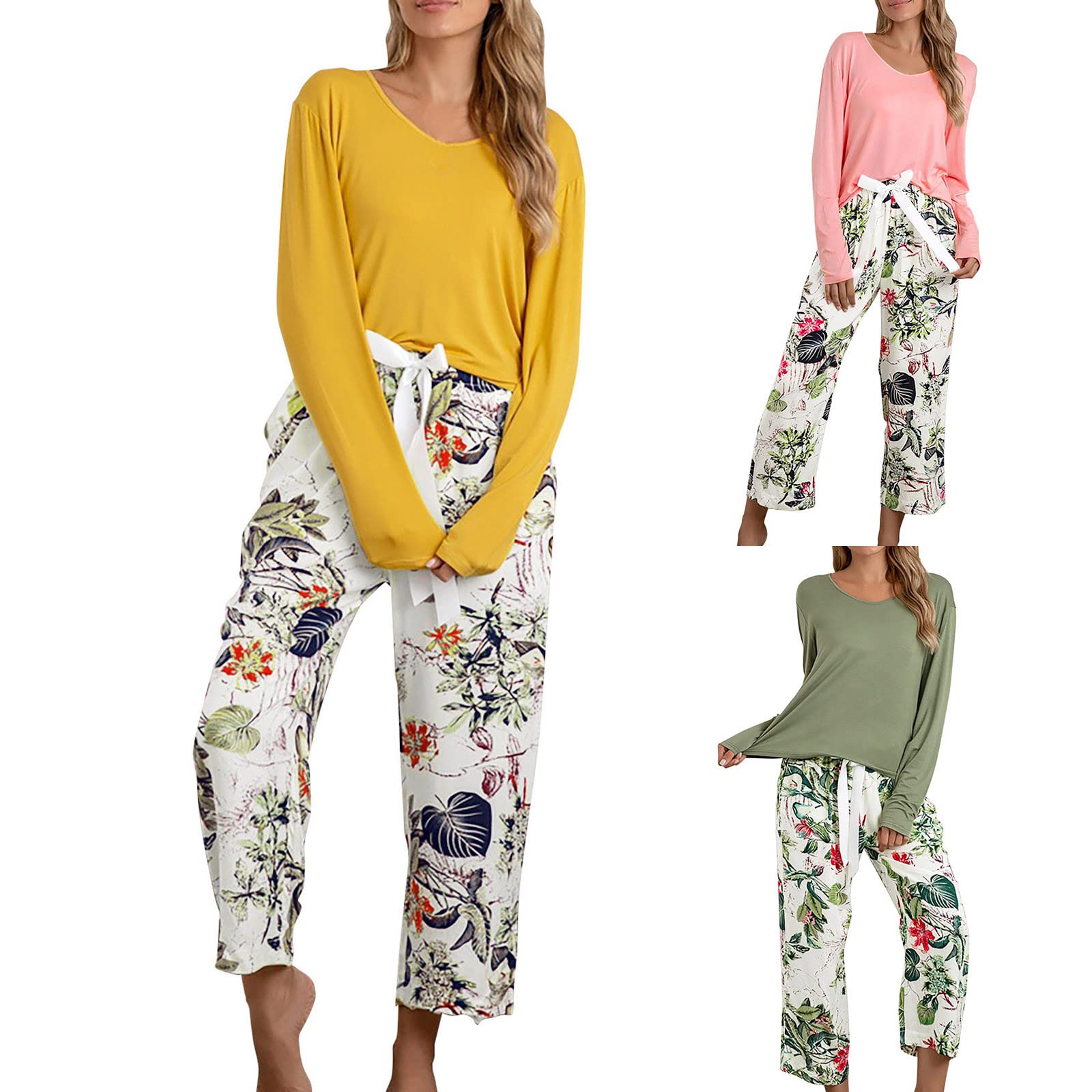 Pijamas de algodón para mujer, ropa de dormir cómoda, casual, holgada, mezcla de algodón, conjunto de ropa de descanso con cuello redondo, ropa de dormir cepillada suave, ropa de dormir de talla
