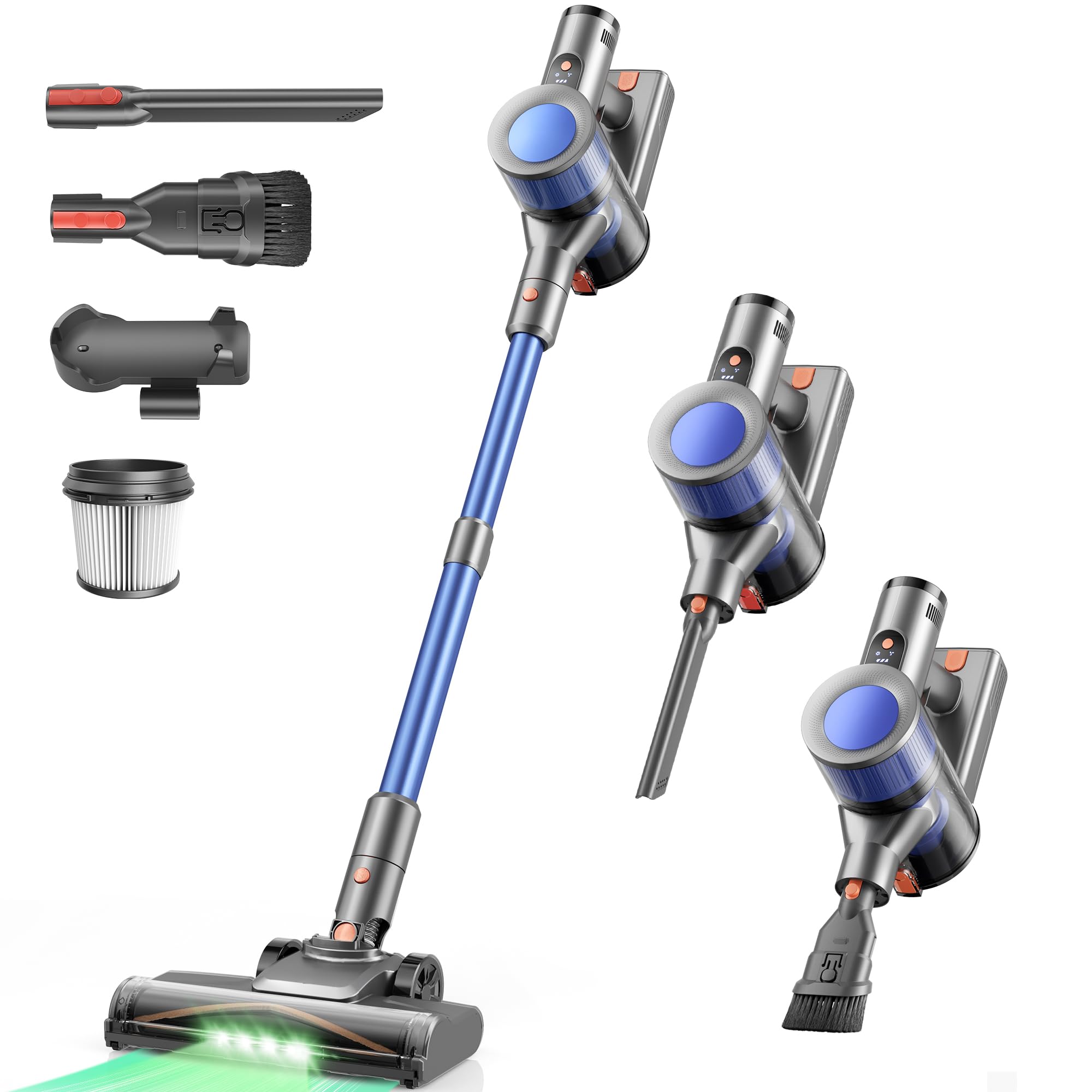 Dzaki Aspirapolvere Senza Fili 50KPa/55Min, Scopa Elettrica con Luce LED Verde, Spazzola Antigroviglio, Display LED, Autoportante, HEPA 5 Stadi, 2,7kg per Pavimenti/Tappeti/Peli Animali