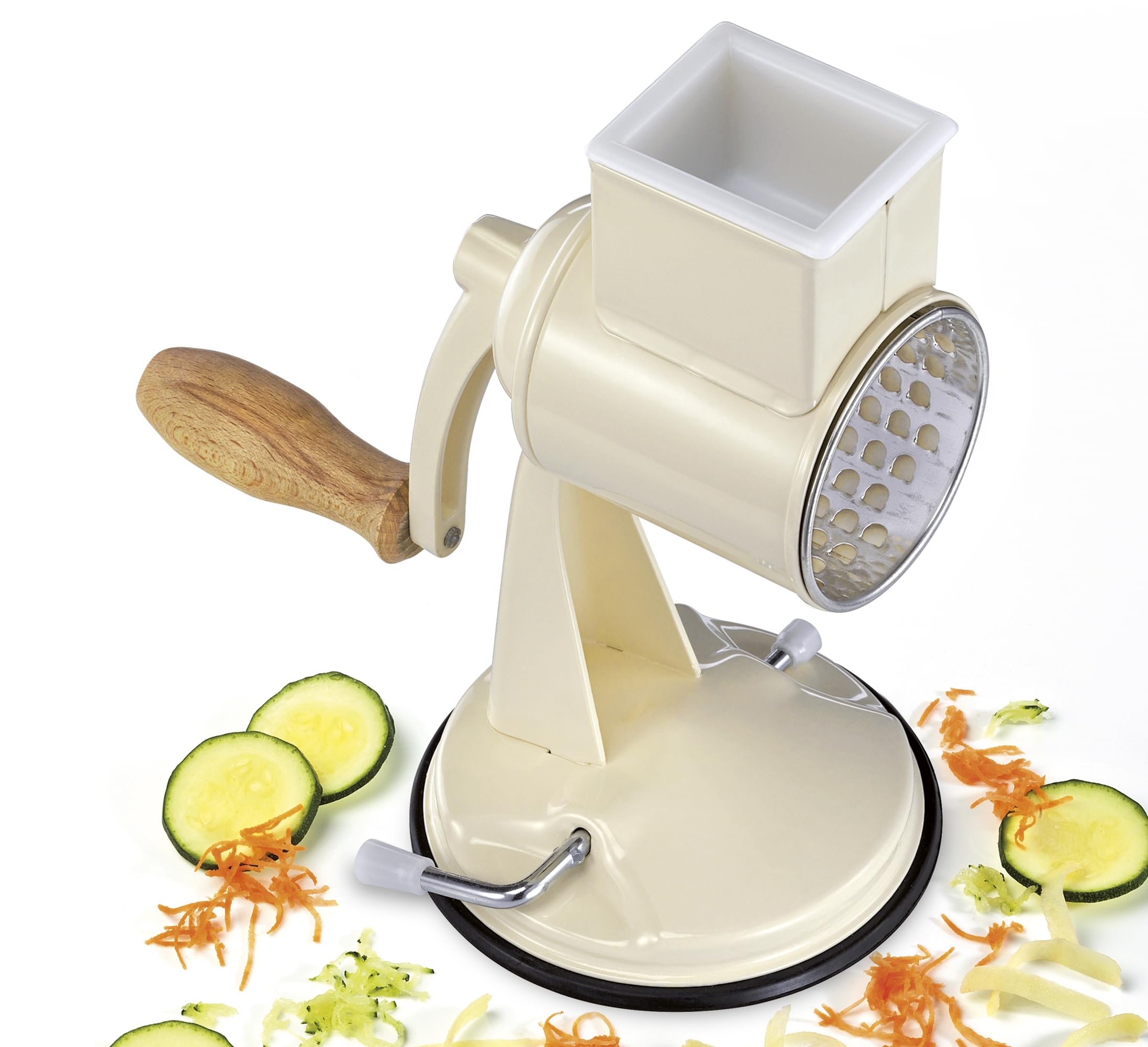 Zassenhaus Classic - Rallador de cocina manual, metal lacado, madera de haya, acero inoxidable, base con ventosa, 2 tambores de fricción y mortero, utilizable como cortador de verduras, rallador de