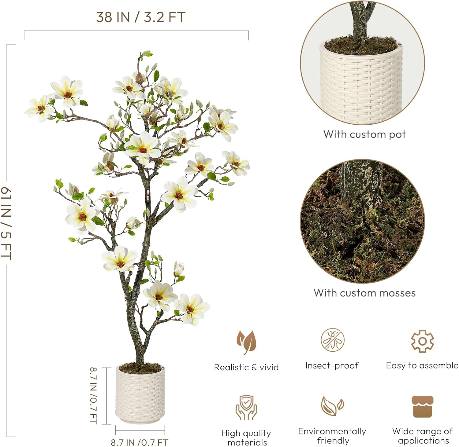5FT Faux Magnolia Plants Artificial Flower Trees Fake Plants For Yard Patio Home Office Arrangement Decor Indoor Outdoor Artificial Magnolia Tree Inc. 120 Realisc Flowers Vivid Leaves Mosses White Pot