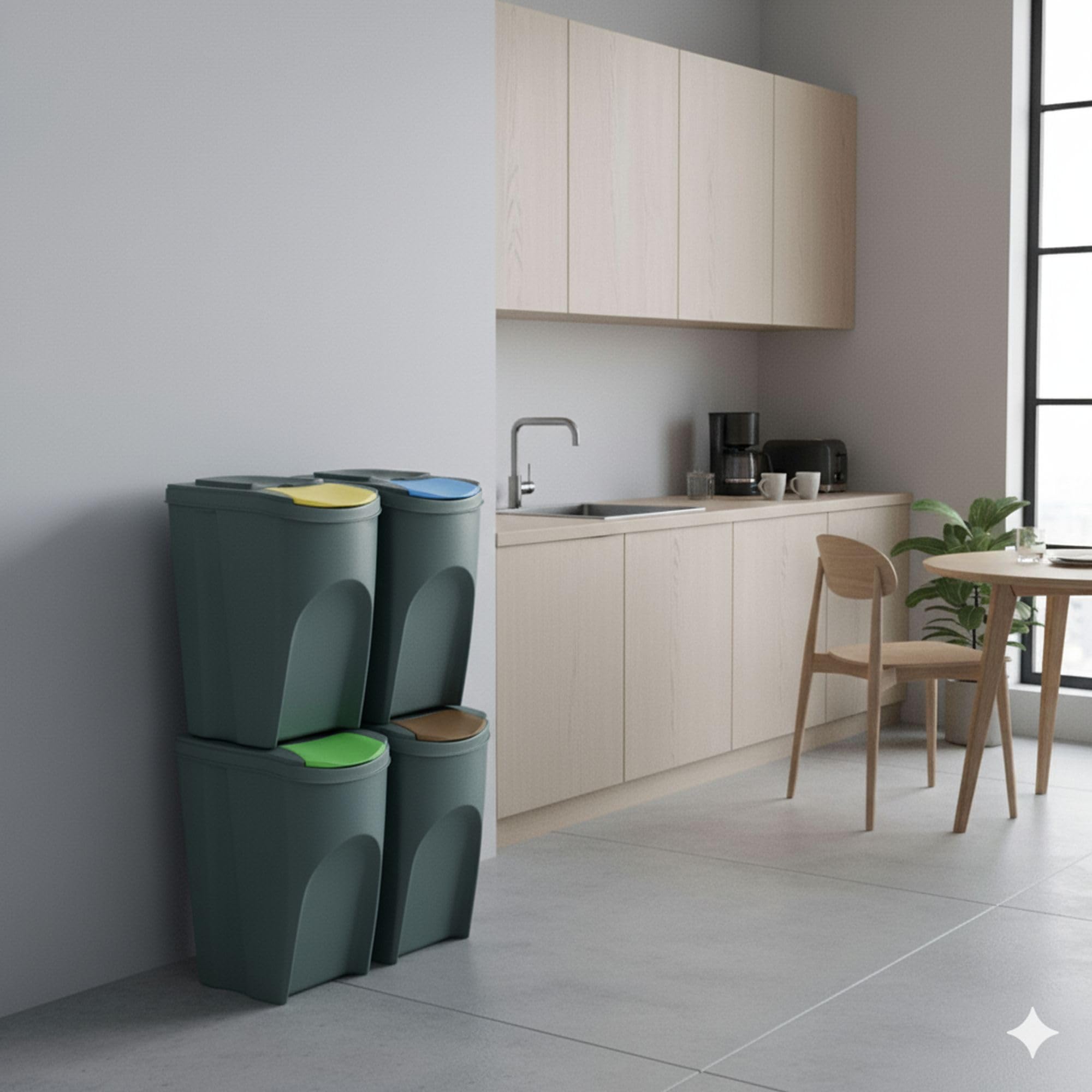 botle Mülleimer- 4er Set Mülltrennungssystem - Set aus 4x35L Abfalleimern in Grau Farbe zum Stapeln Kompakt Biomülleimer modulare und Licht Einfache Sortierung des Hausmülls Kunststoff
