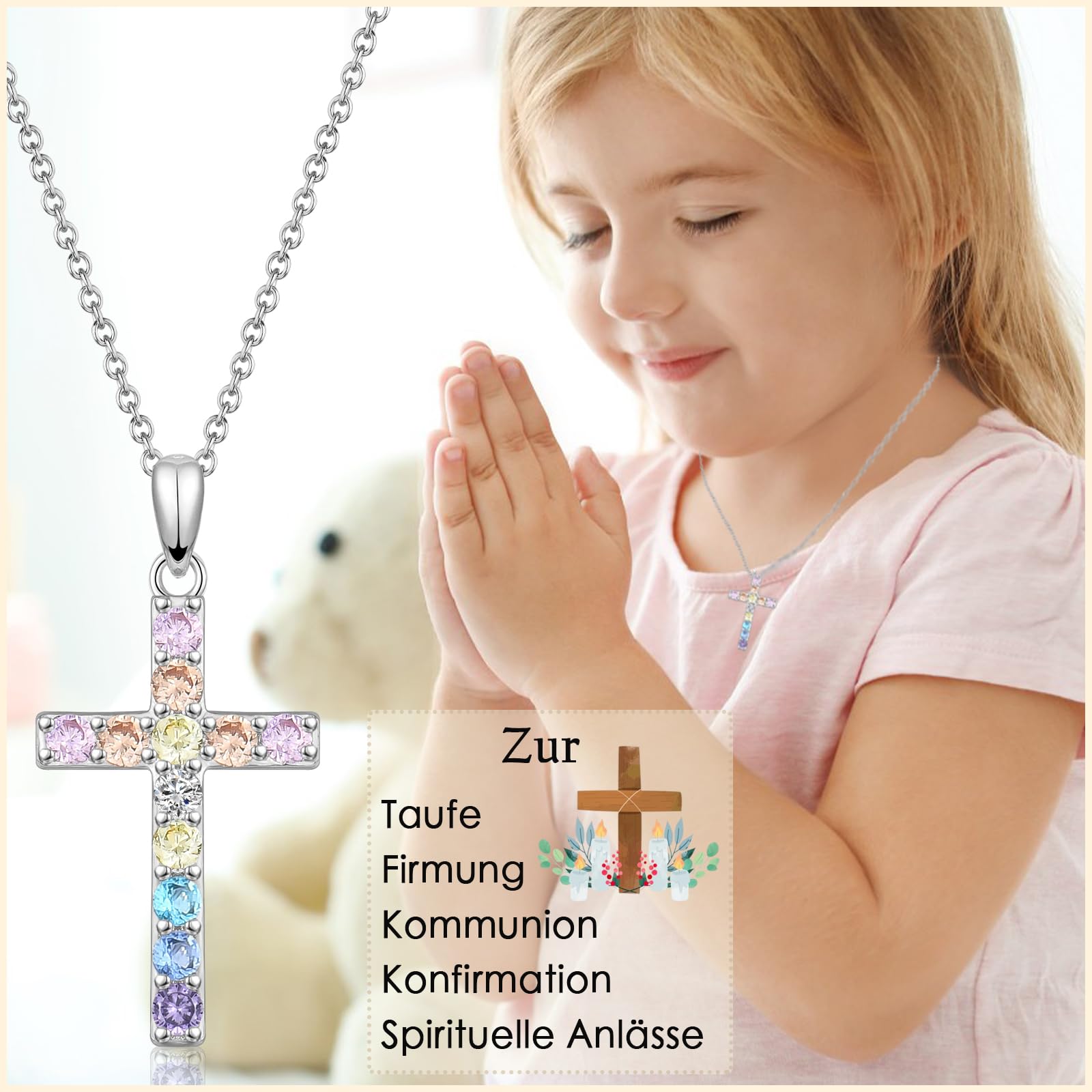 FAOMZQ Kommunion Geschenke für Mädchen, Kreuz Kette Halskette zur Erstkommunion Kommunion Konfirmation Taufe Firmung, Geschenk für Tochter Schwester Nichte Enkelin Patentochter von Mama Papa Taufpaten