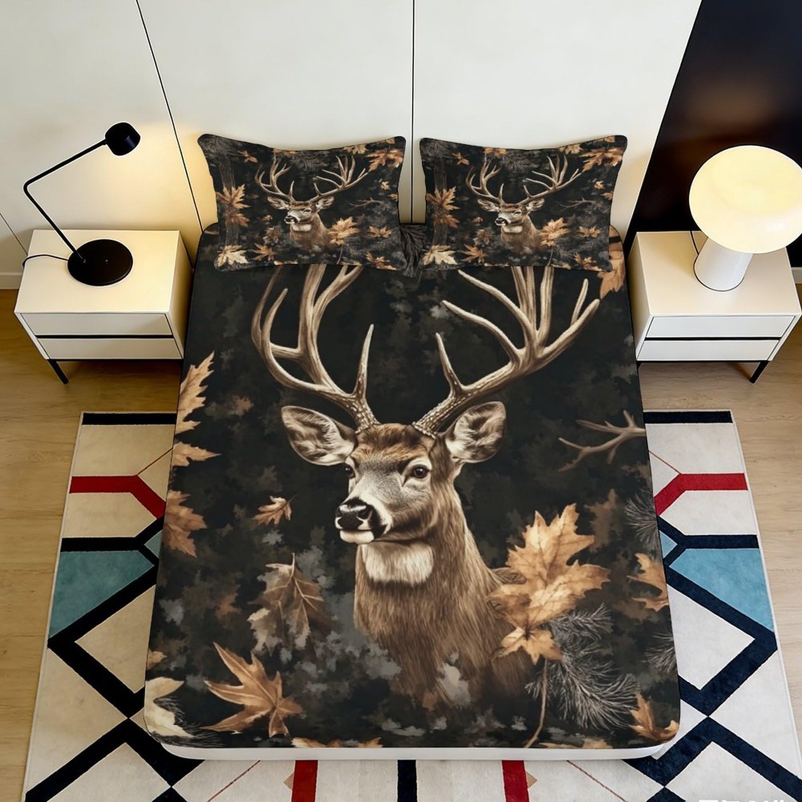 3D Printed Deer Forest Fitted Sheet Microfiber Deep Pocket Non-Slip Deer Mattress Fitted Cover Full Wrap Washable for Adults Teens 200x200x25cm 90x200x25cm