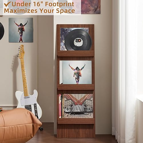 Miniatura 7 de LELELINKY Soporte para discos de vinilo de montaje en pared con área de visualización de 3 niveles, soporte de almacenamiento de discos de 47.5