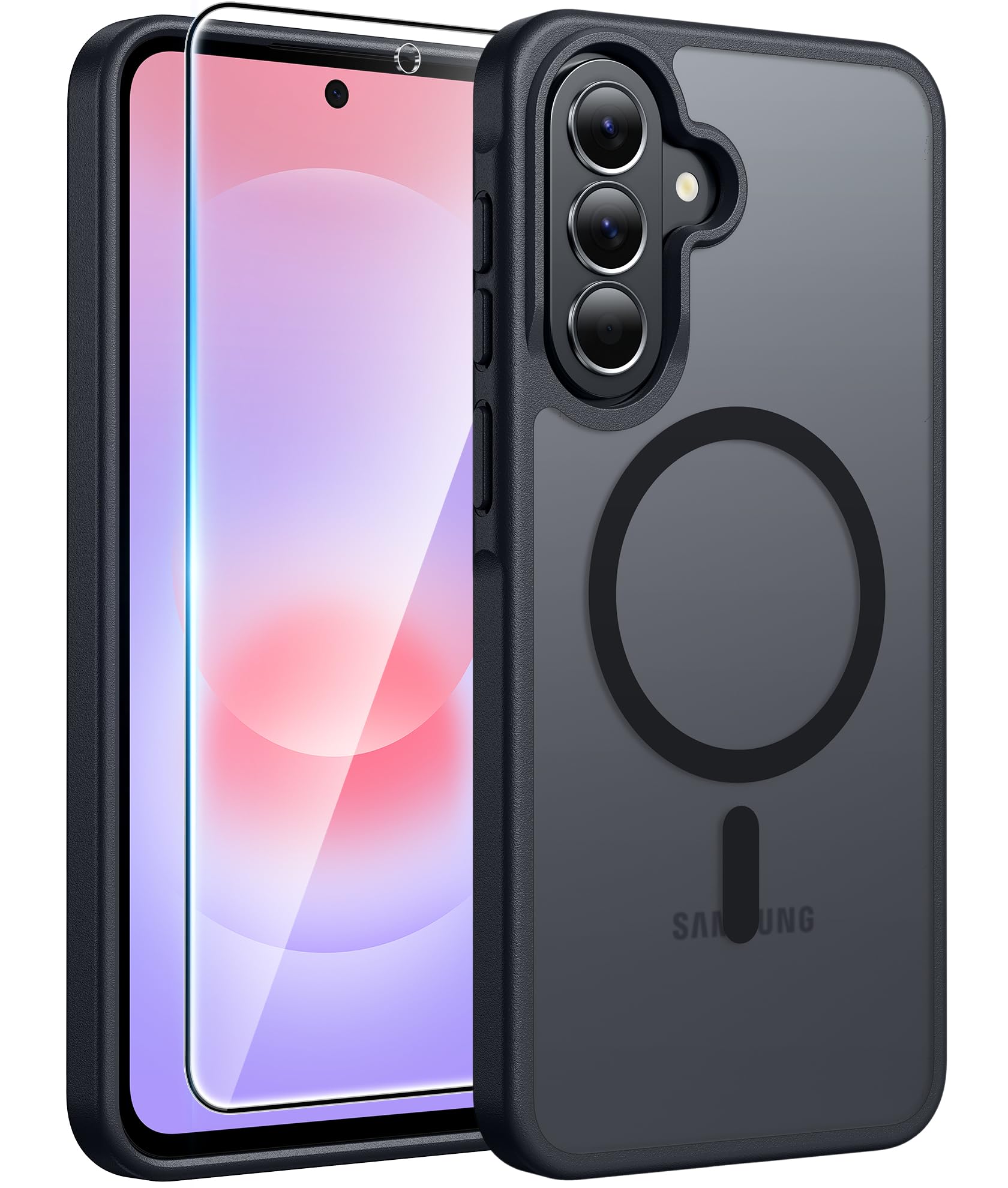 FNTCASE for Galaxy A37/A36 5G Phone Case, Fit for Magsafe, Screen Protector | Translucent Matte Magnetic Back, 14FT Military Grade Drop Protection, Shockproof Protective, for Samsung A37 Cover, Black