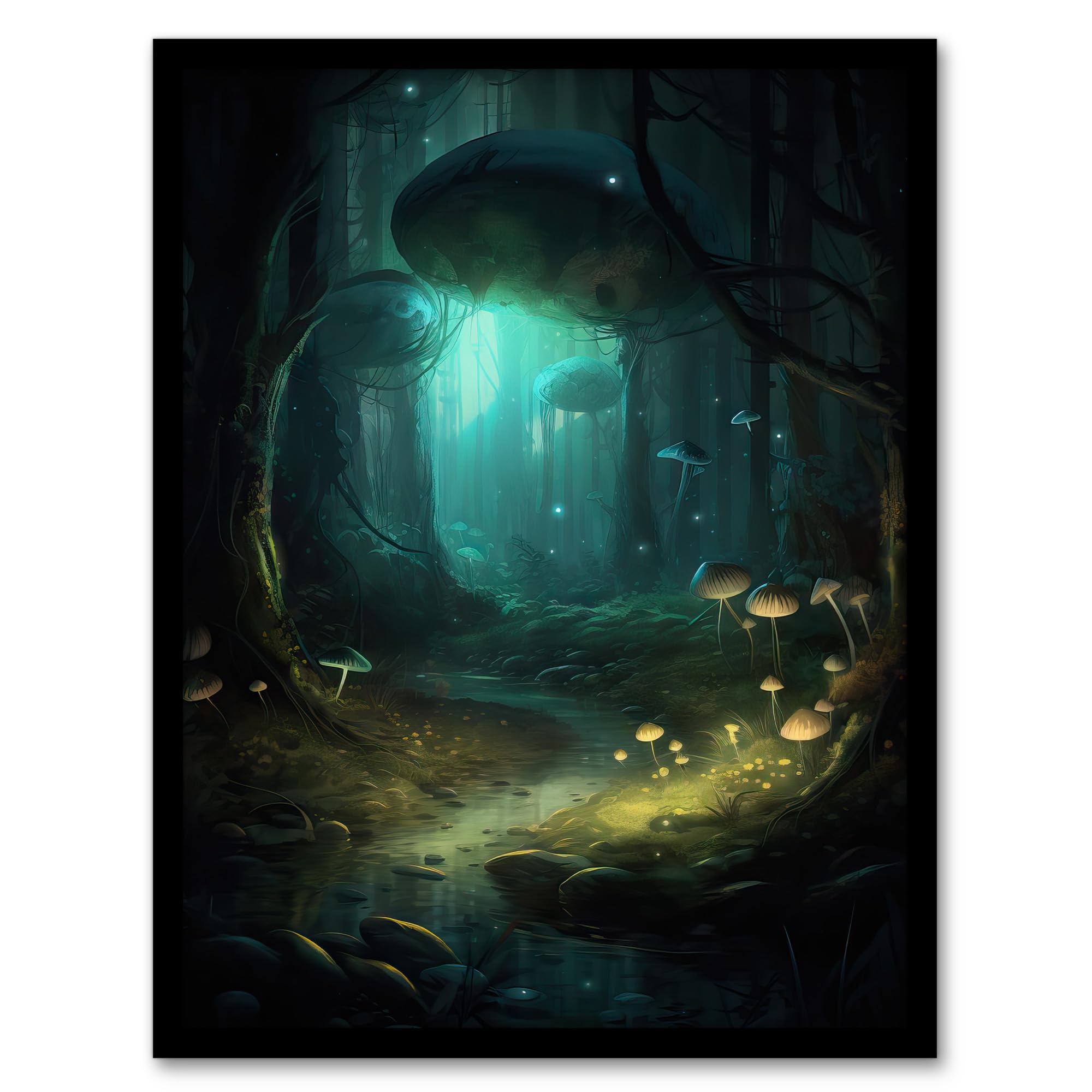 Artery8 Enchanted Forest With Bioluminescent Mushrooms Oil Painting Stream In Moonlit Fantasy Landscape Colourful Magical Nature Mystical Modern Artwork Framed Wall Art Print A4