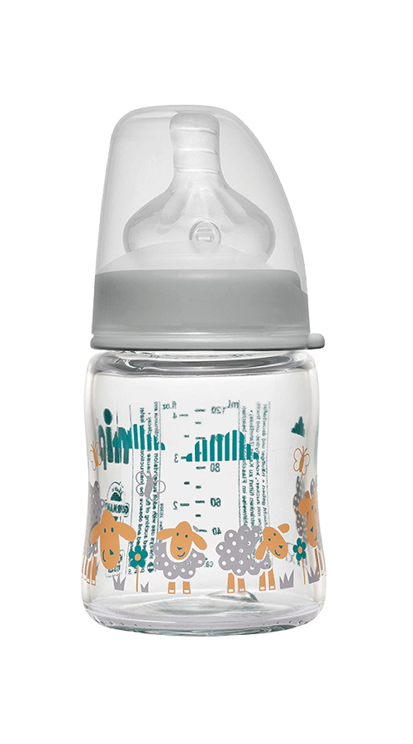Wide Neck Glass Bottle, Round Teat-M, Silicone-Made,With Integrated Anti-Colic Vent, 120 ml, Grey Sheep