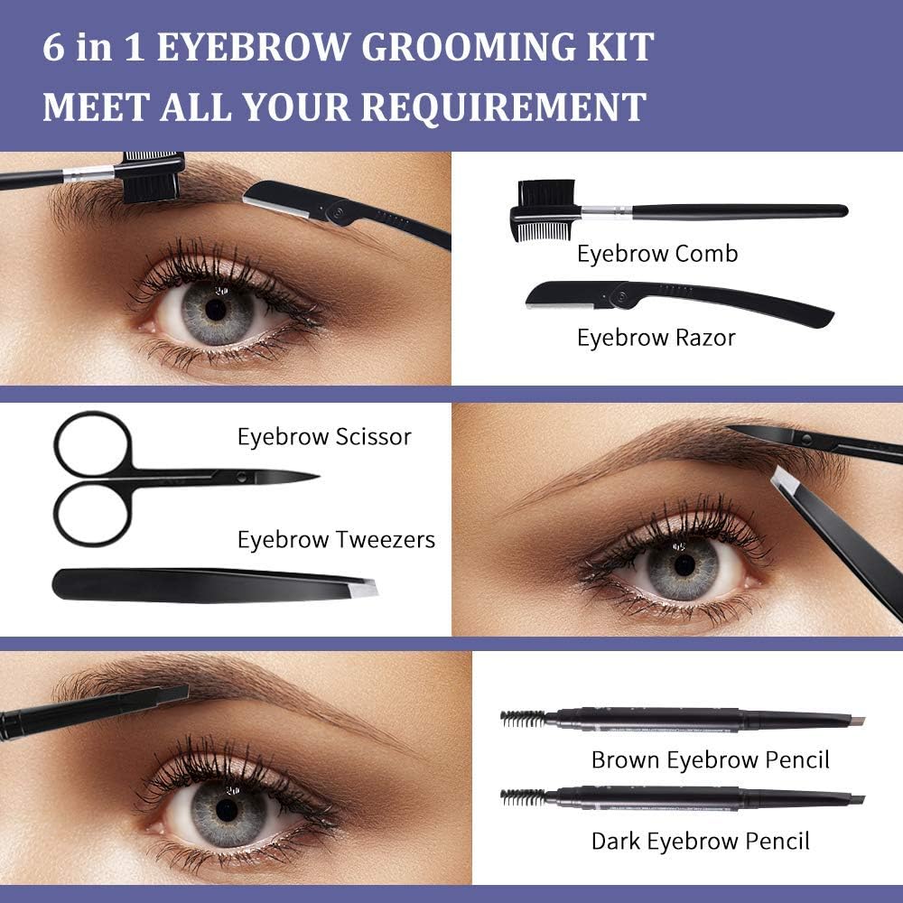 6 in 1 Eyebrow Scissors Razor Professional Eyebrow Grooming Kit with Tweezers Brush Eyebrow Comb Eyebrow Pencils PU Leather Bag for Women : Everything Else