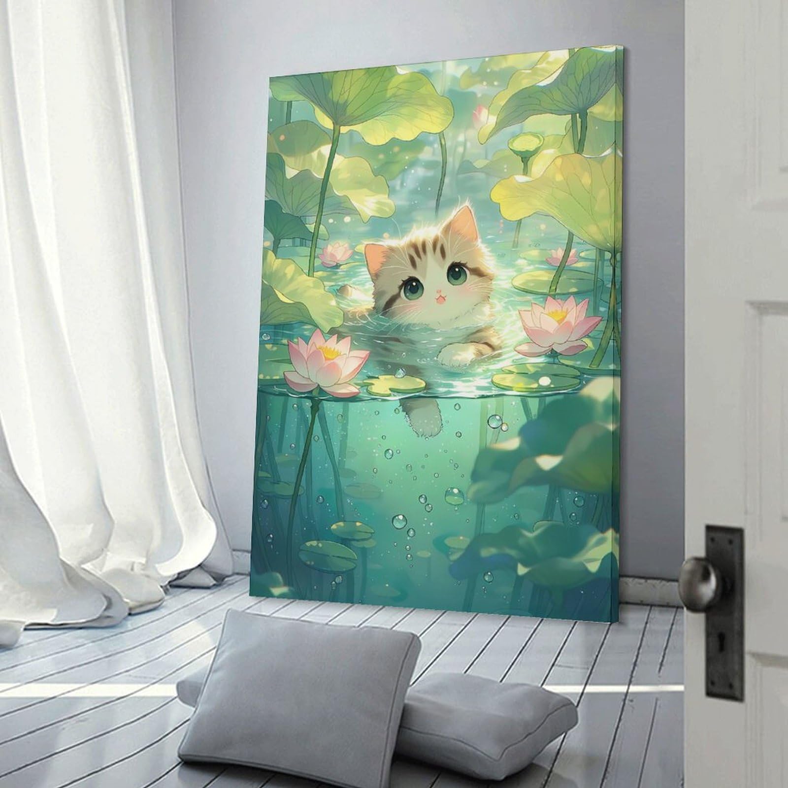 Junmoney Hanging Wall Art Cute Kitten Swimming Among Lotus Flowers, 24x36inch(60x90cm), for Wall Displays, Bedrooms Or Room Updates, Decorative Artwork with Flexible Styling