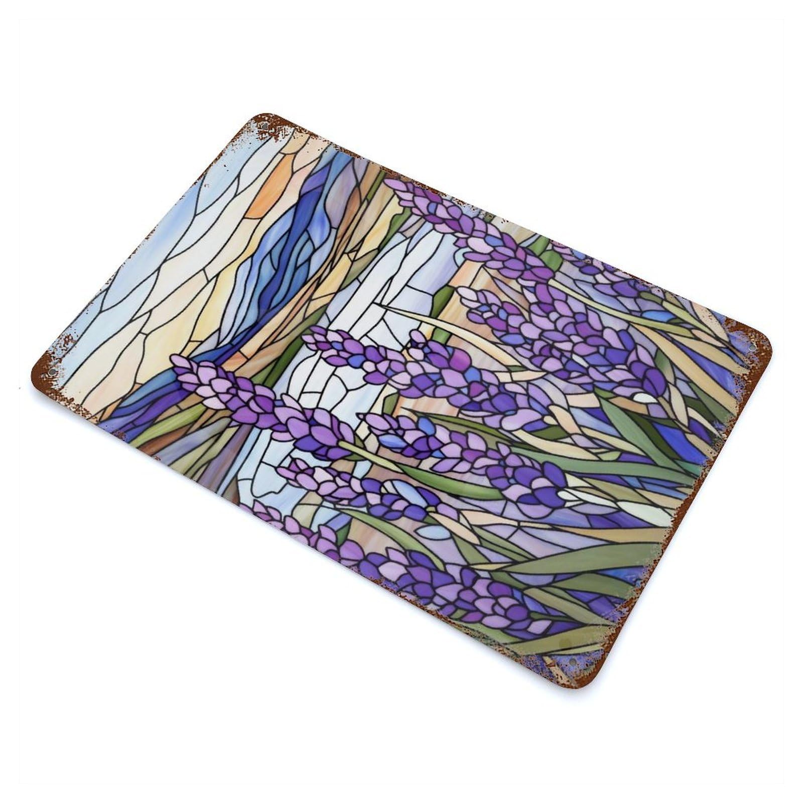 Stained Glass Lavender Field Decorative Tin Sign 11.8"x7.9", Retro Wall Decor for Basement, Hobby Room And Garage Decor
