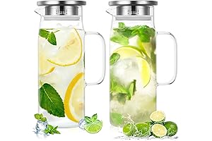 Glass Beverage Pitcher with Lid and Stainless Steel Handle (Set of 2, 41 oz)