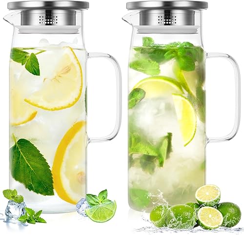 2 jarras de vidrio con tapa, jarra de agua fría y caliente, jarra de agua de cabecera con asa, jarra de vidrio de borosilicato resistente al calor