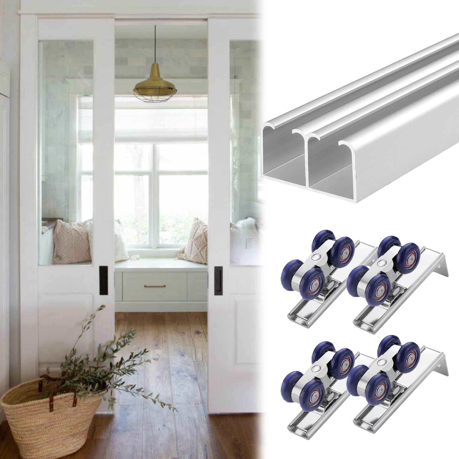 Sliding Door Track, Bypass Barn Door Hardware Kit 4-30ft Champagne Silver(Silver,30ft/9.1m)