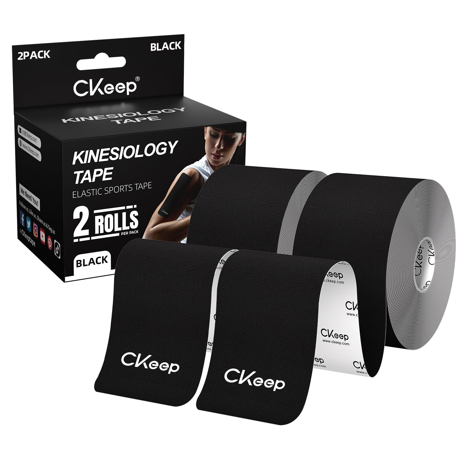 CKeep Kinesiology Tape, Uncut 2 Rolls, Original Cotton Elastic Premium Athletic Tape,Latex Free Hypoallergenic, 2inch x 16ft, Black