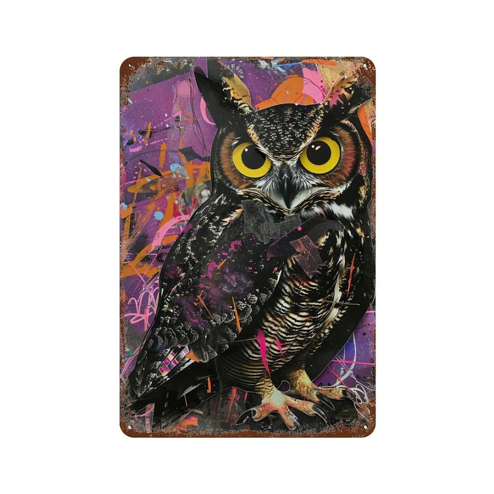 Garage Style Abstract Owl Art Print Weathered Tin Sign 11.8"x7.9", Farmhouse Wall Decor for Bar And Workshop