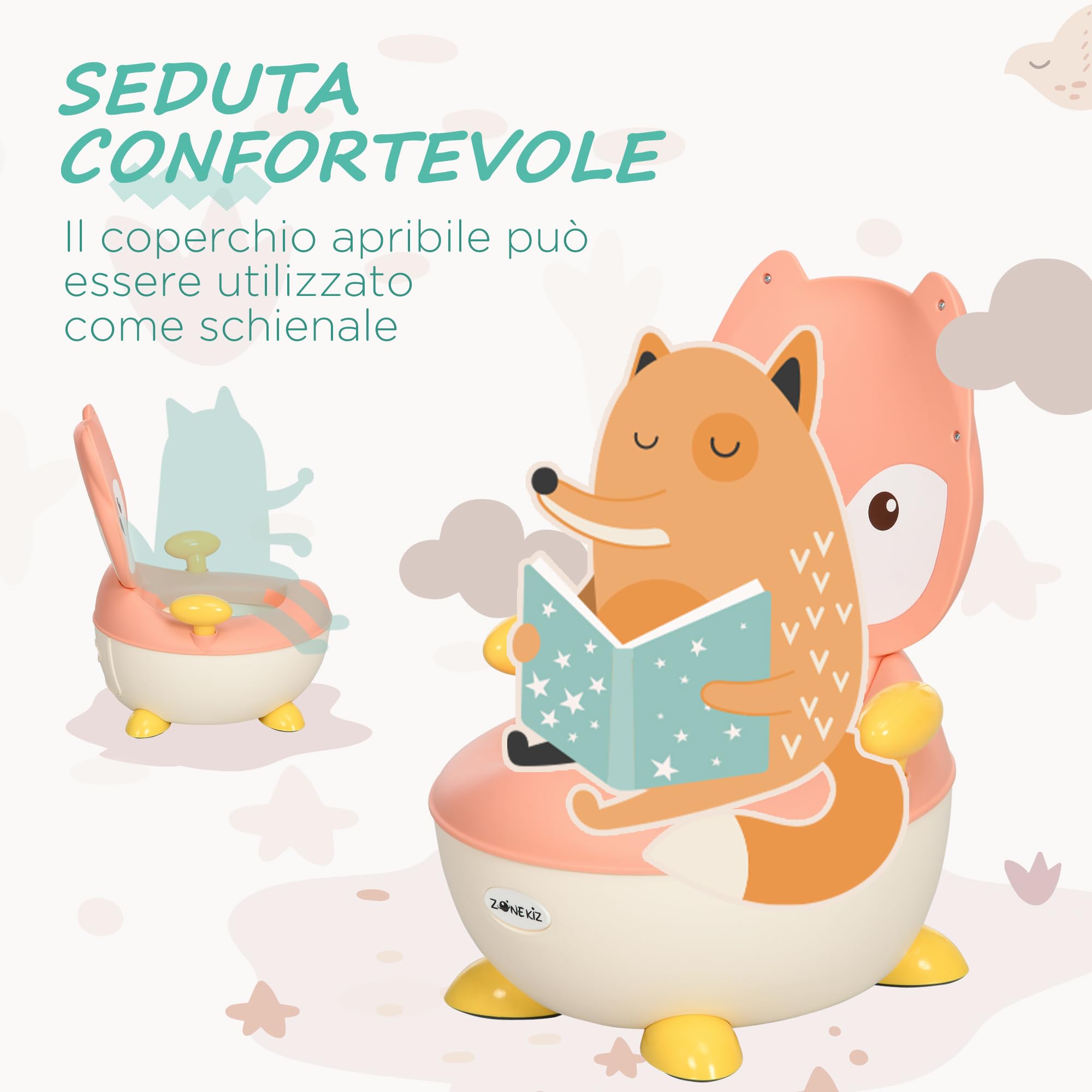 ZONEKIZ Vasino per Bambini con Schienale e Design a Volpe, WC per Bambini con Vaschetta Rimovibile e Braccioli, Età 6 Mesi-3 Anni, Rosa